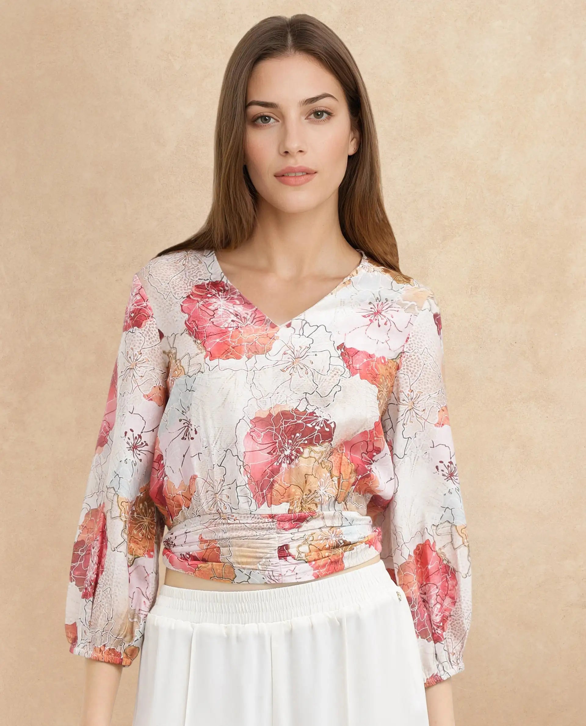 Rareism Women Kently Multi Bell Sleeves V-Neck Cropped Floral Print Top