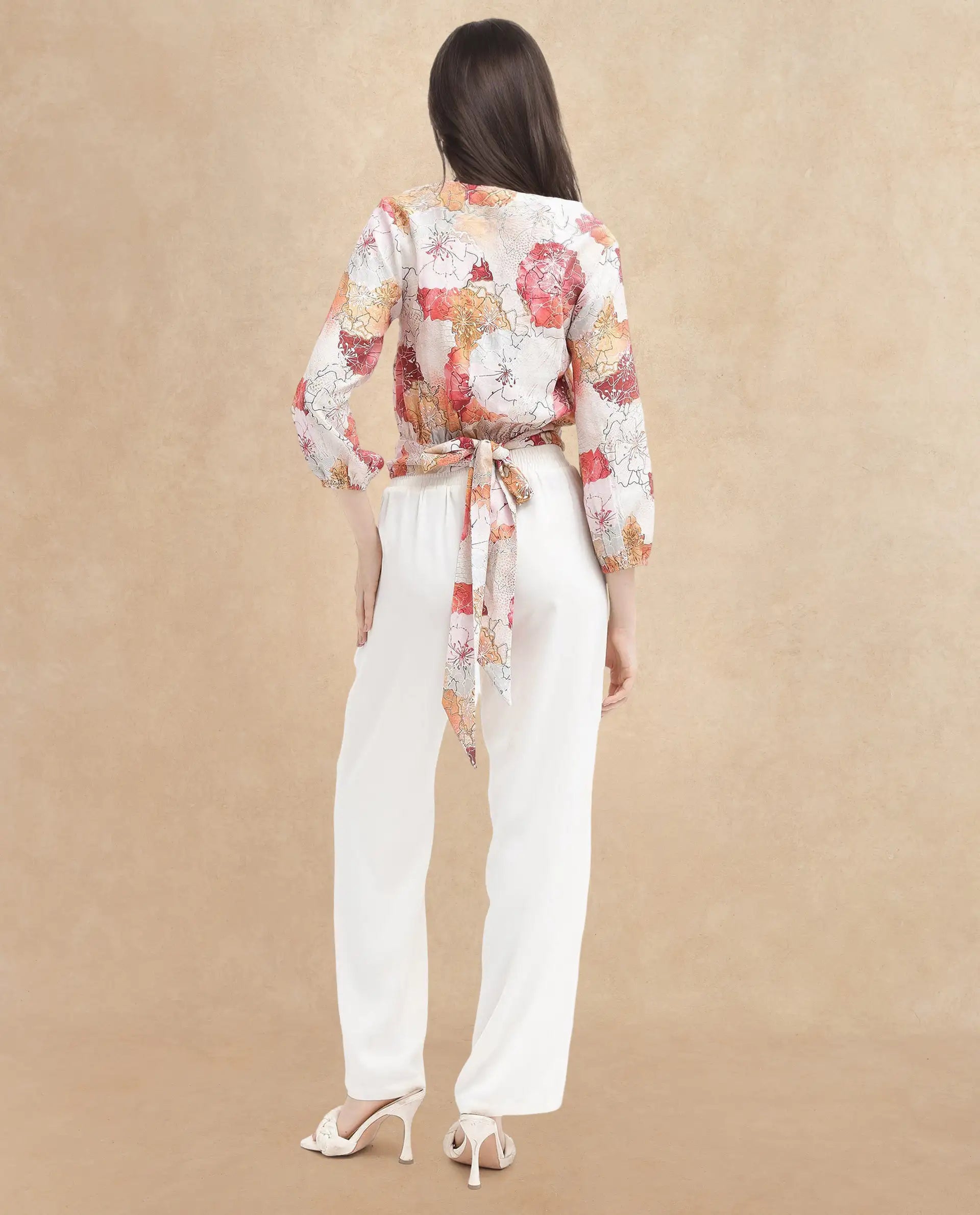 Rareism Women Kently Multi Bell Sleeves V-Neck Cropped Floral Print Top