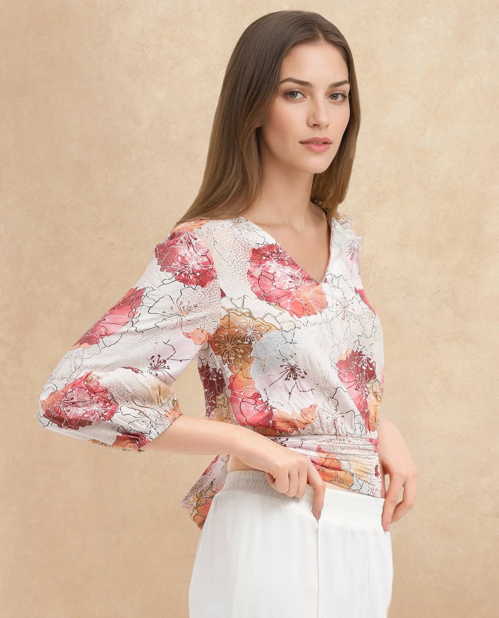 Rareism Women Kently Multi Bell Sleeves V-Neck Cropped Floral Print Top