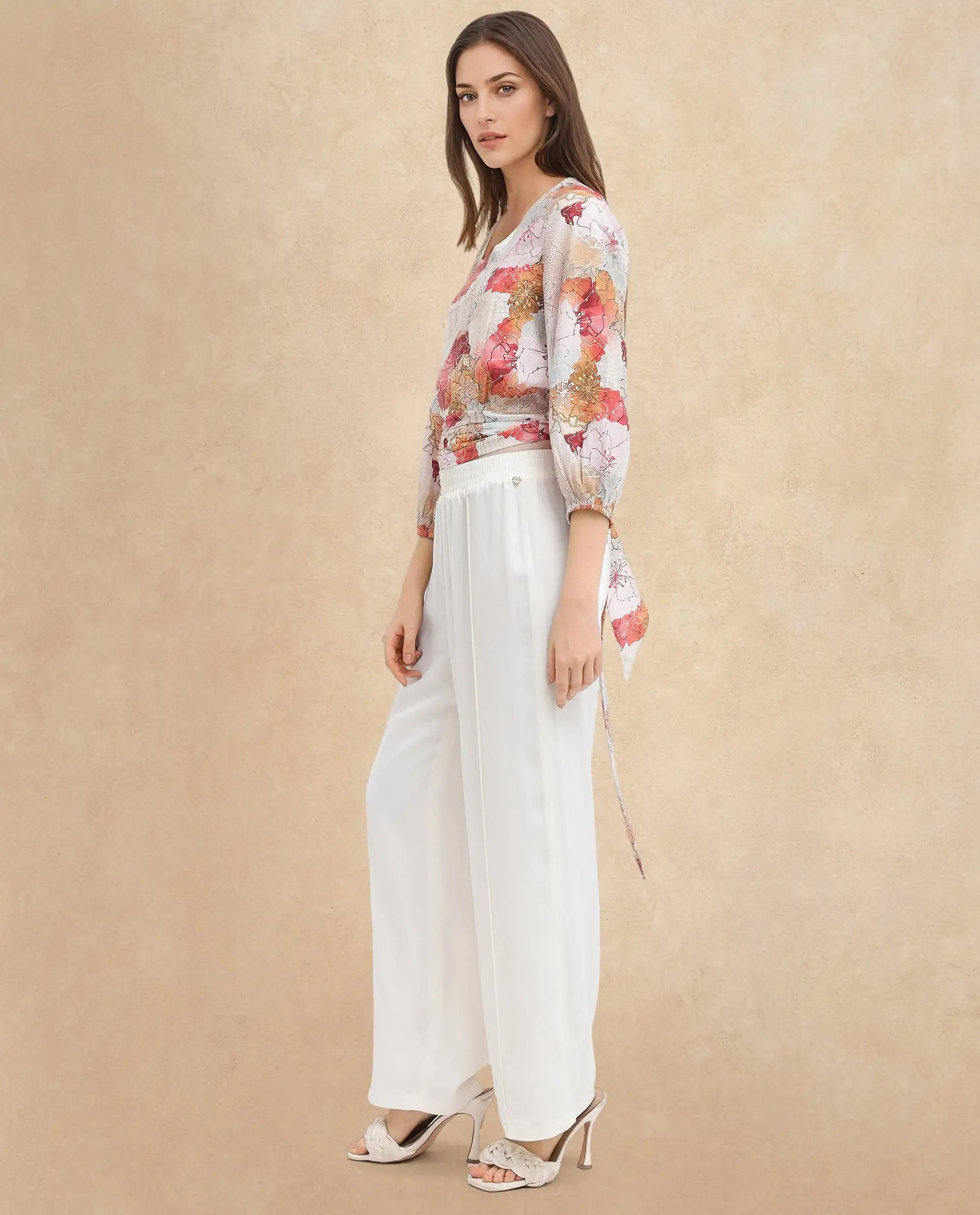 Rareism Women Kently Multi Bell Sleeves V-Neck Cropped Floral Print Top