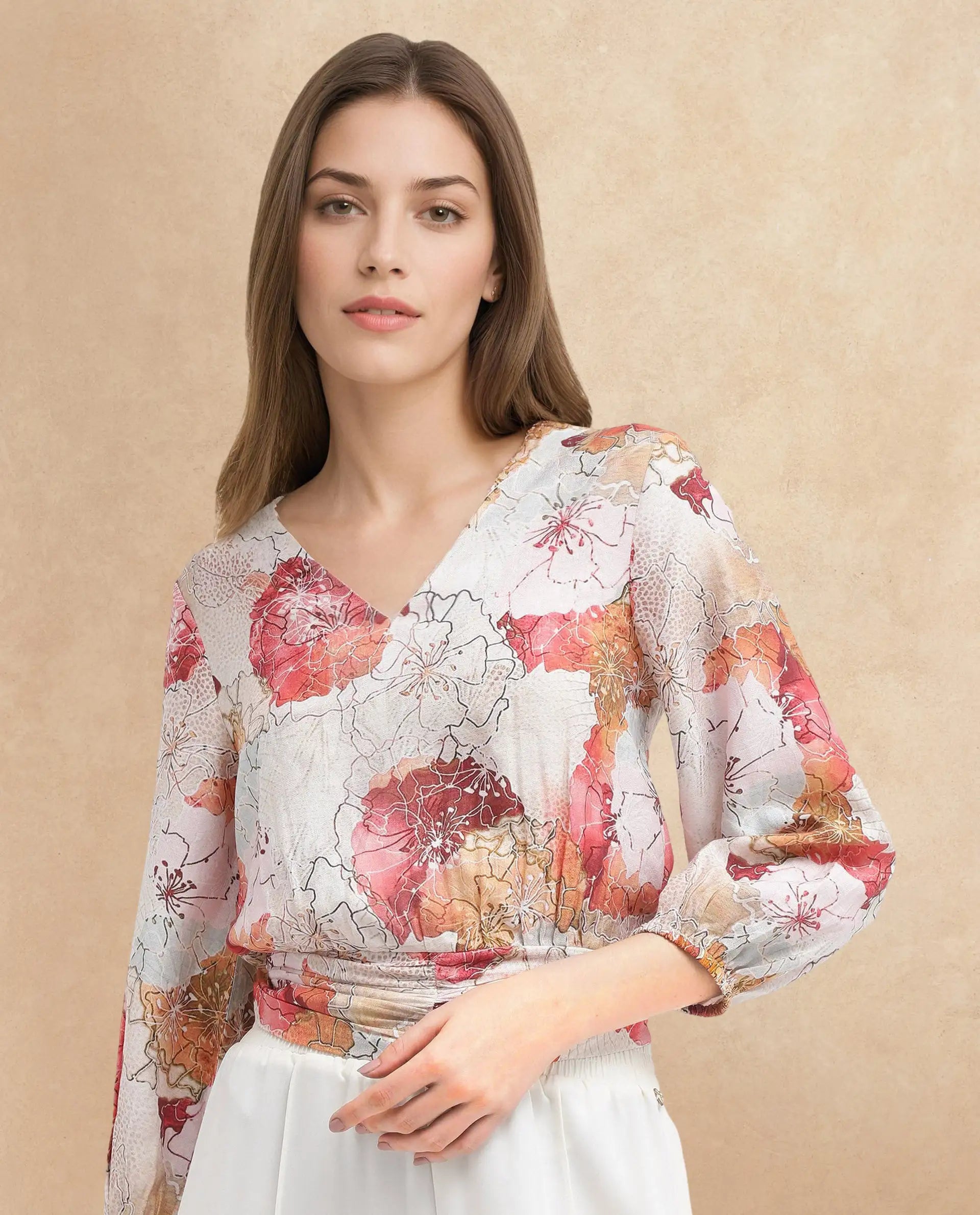 Rareism Women Kently Multi Bell Sleeves V-Neck Cropped Floral Print Top