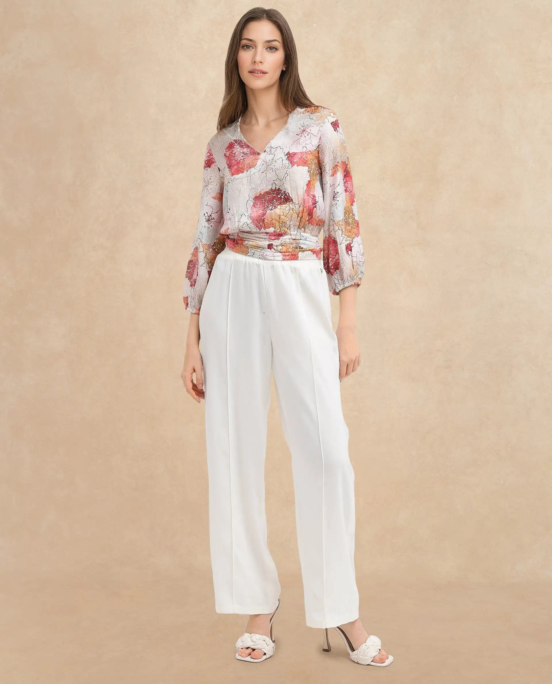 Rareism Women Kently Multi Bell Sleeves V-Neck Cropped Floral Print Top