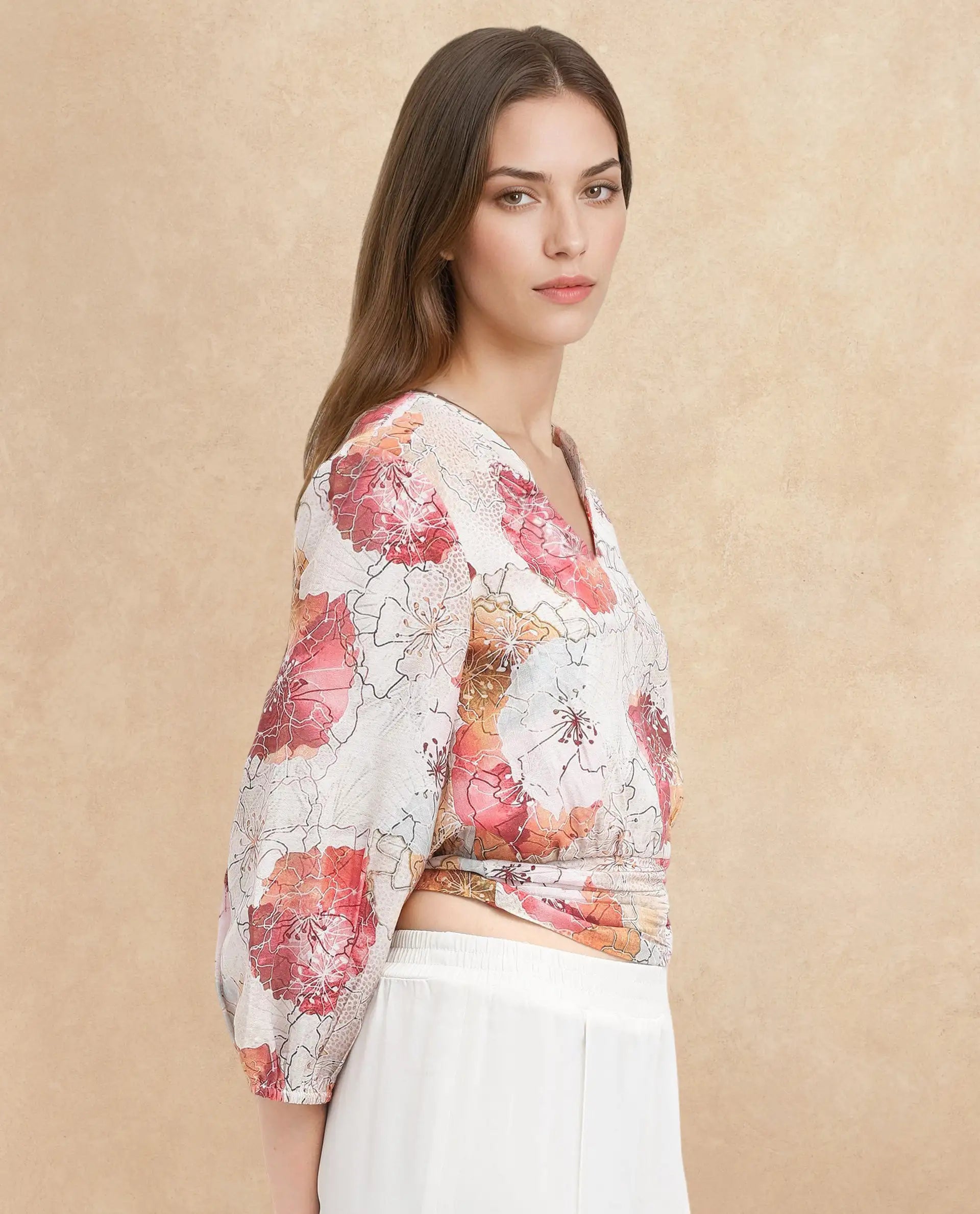 Rareism Women Kently Multi Bell Sleeves V-Neck Cropped Floral Print Top