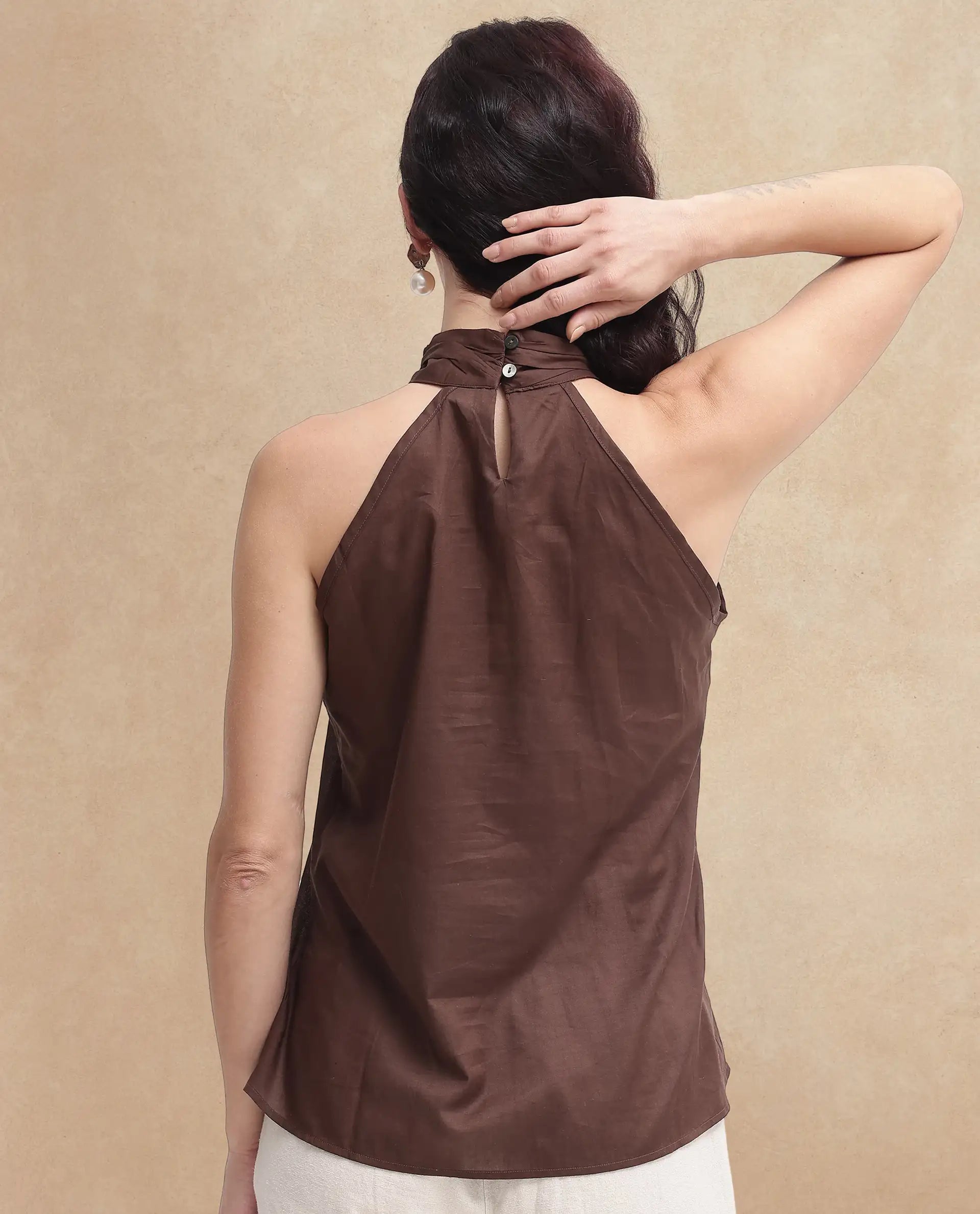 Rareism Womens Kirara Brown Halter Neck Plain and Solid Top