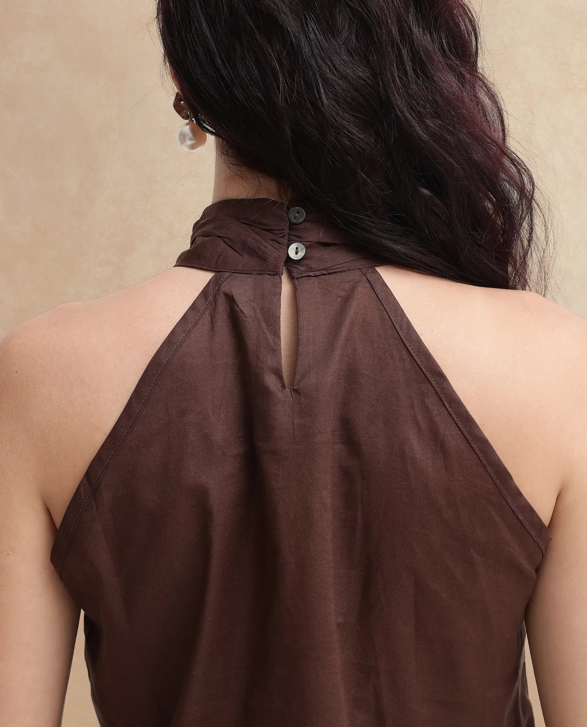 Rareism Womens Kirara Brown Halter Neck Plain and Solid Top