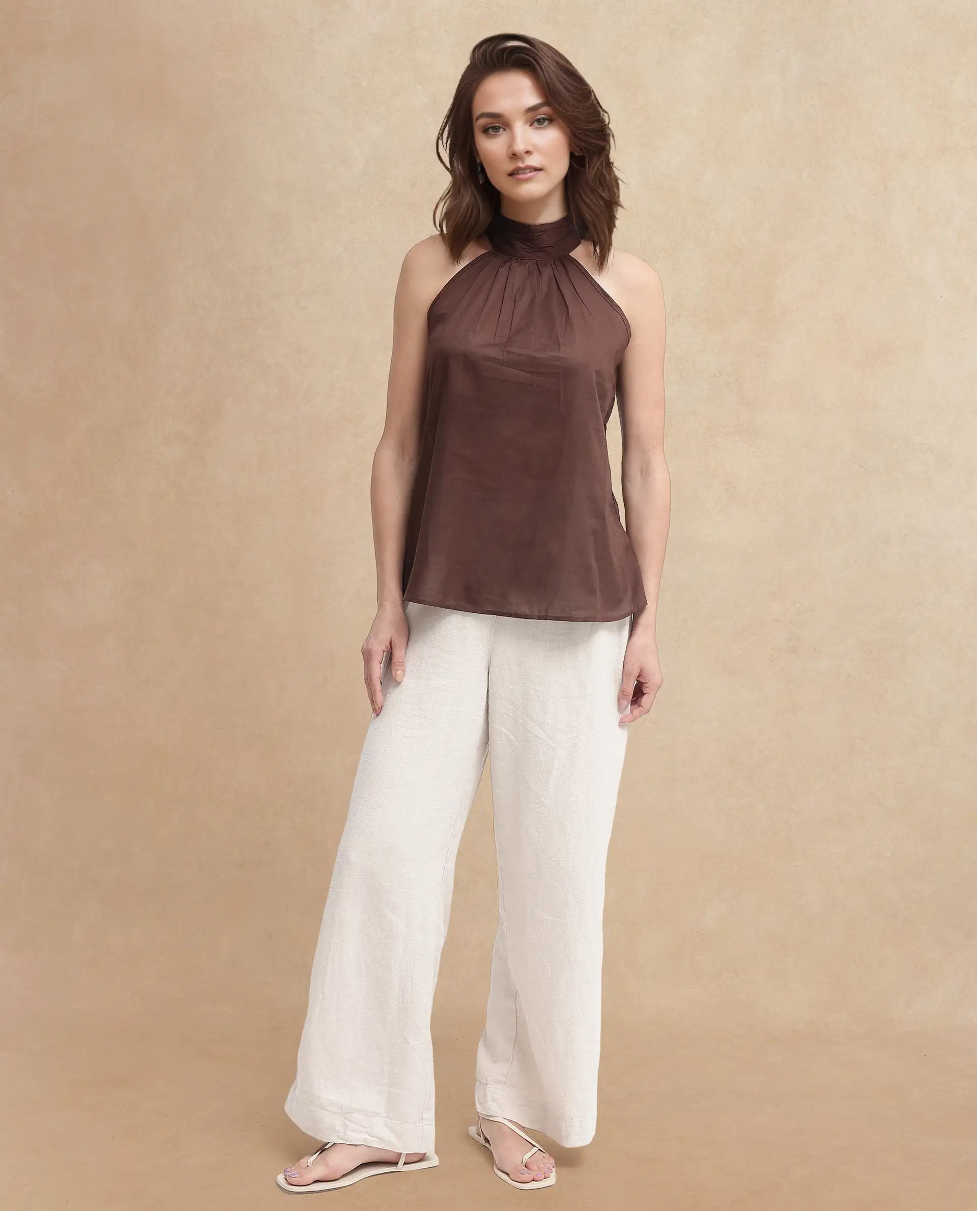 Rareism Womens Kirara Brown Halter Neck Plain and Solid Top