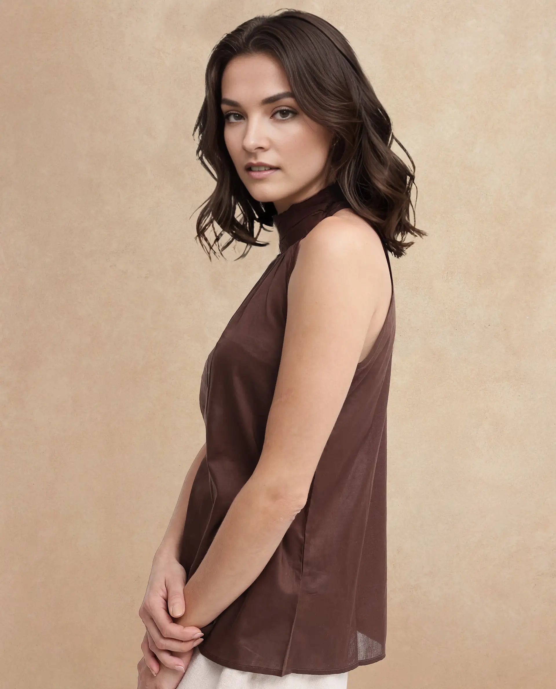 Rareism Womens Kirara Brown Halter Neck Plain and Solid Top