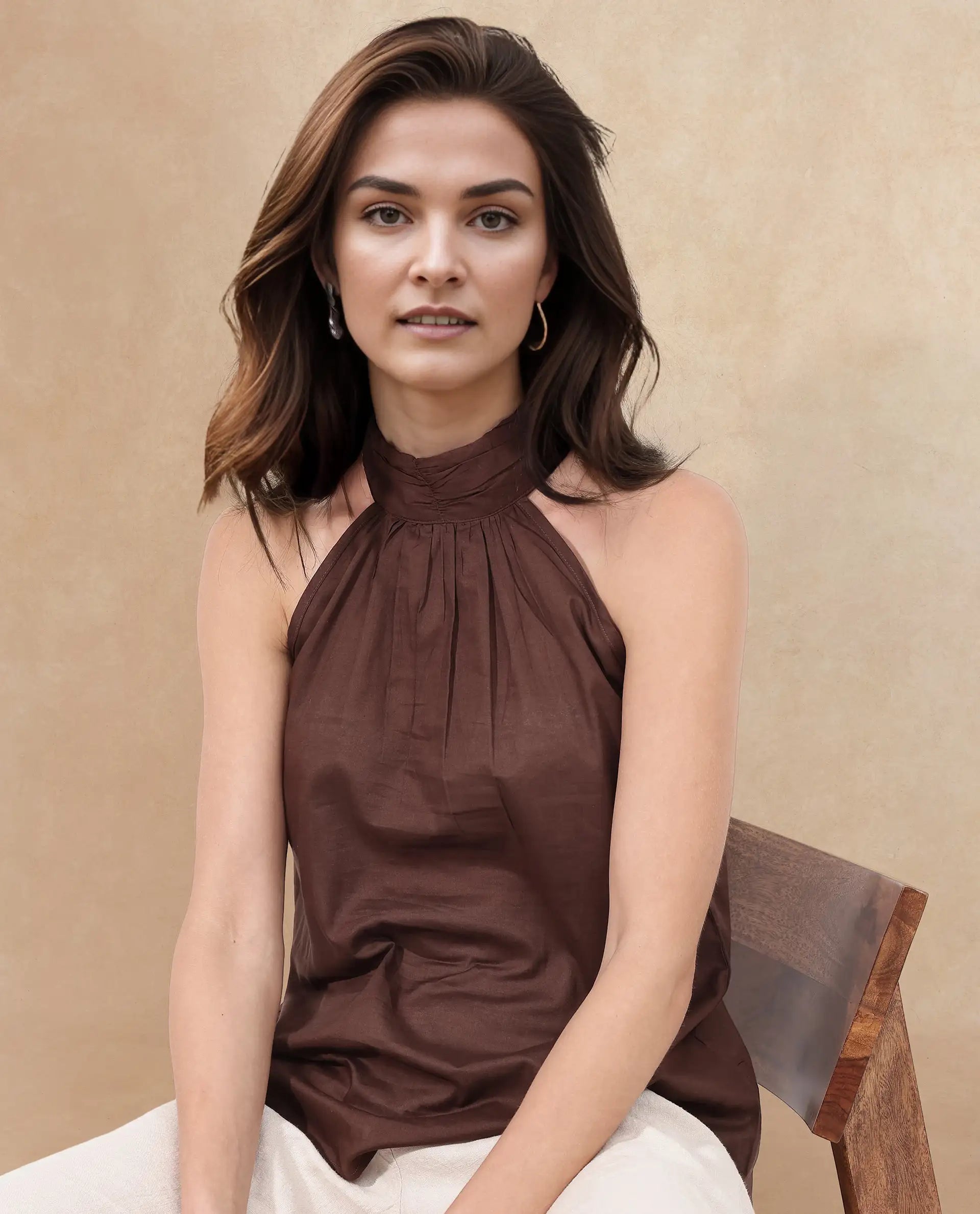 Rareism Womens Kirara Brown Halter Neck Plain and Solid Top