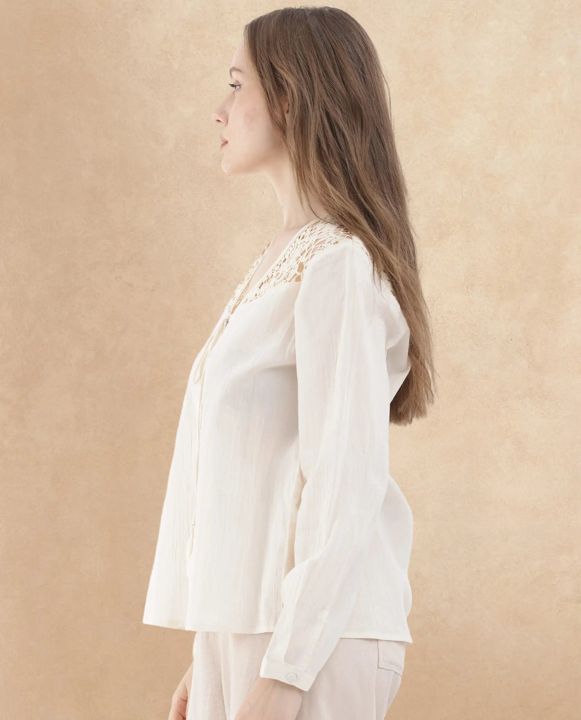 Rareism Women Klaya Beige Cotton Fabric Full Sleeves Button Closure V-Neck Relaxed Fit Plain Top