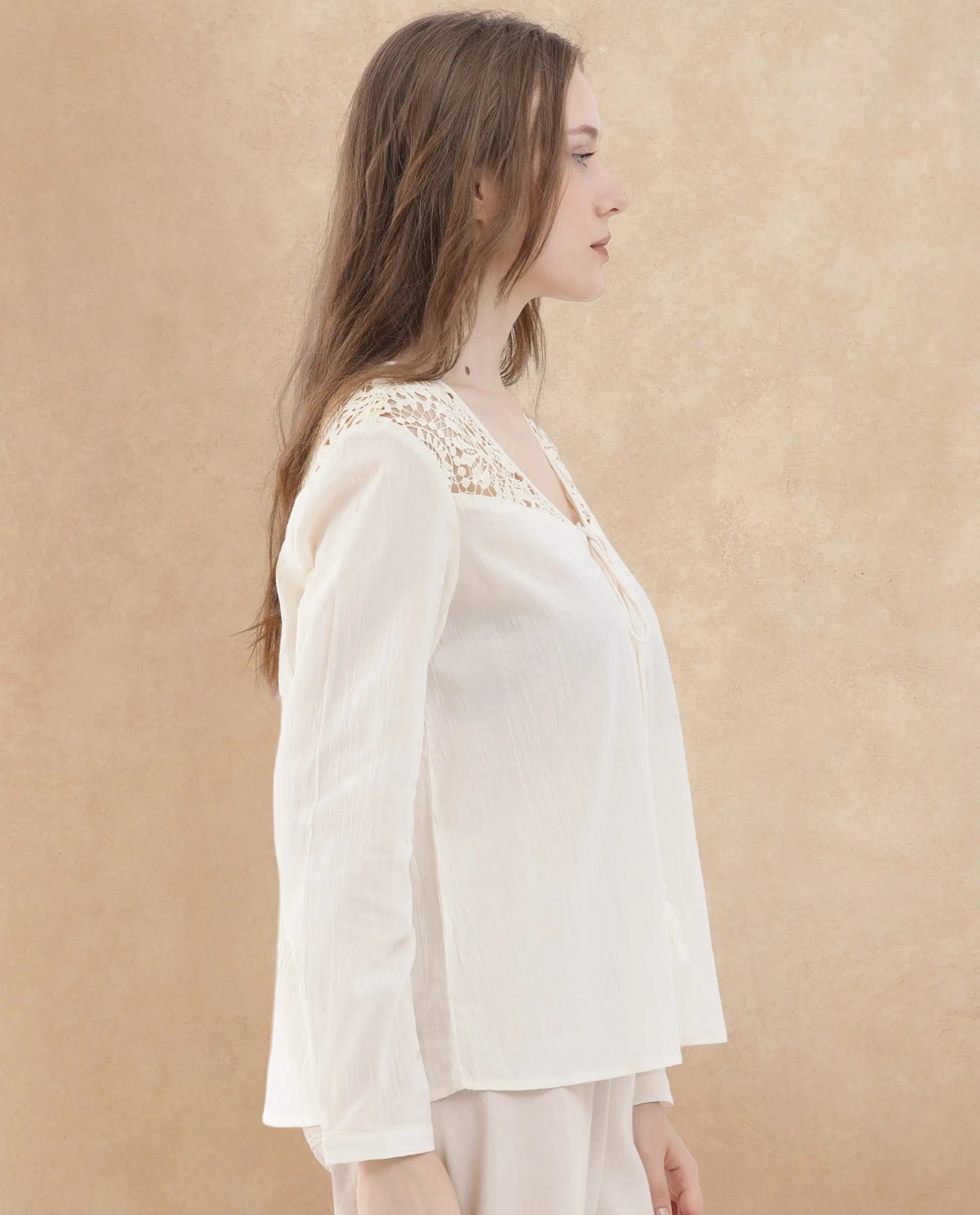 Rareism Women Klaya Beige Cotton Fabric Full Sleeves Button Closure V-Neck Relaxed Fit Plain Top