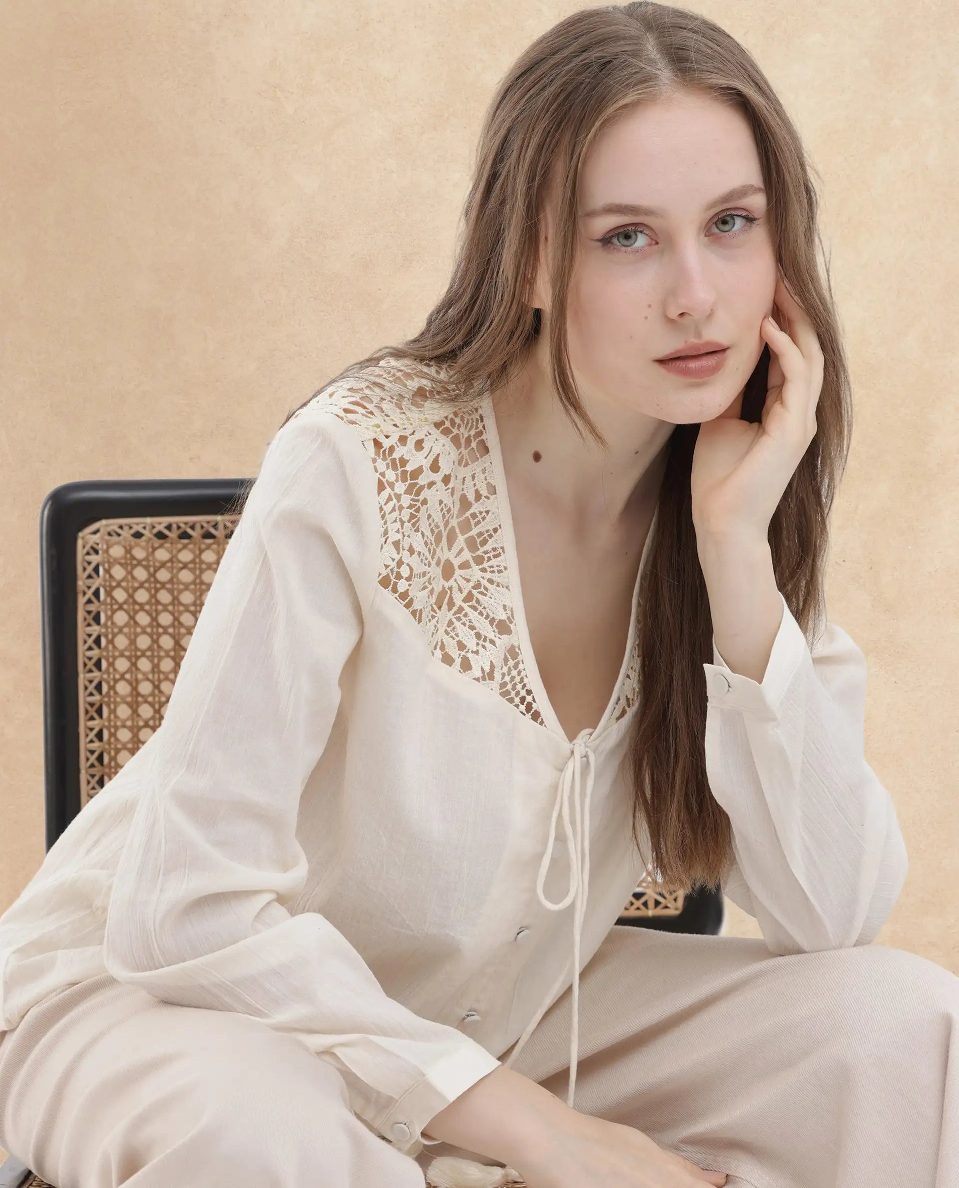 Rareism Women Klaya Beige Cotton Fabric Full Sleeves Button Closure V-Neck Relaxed Fit Plain Top