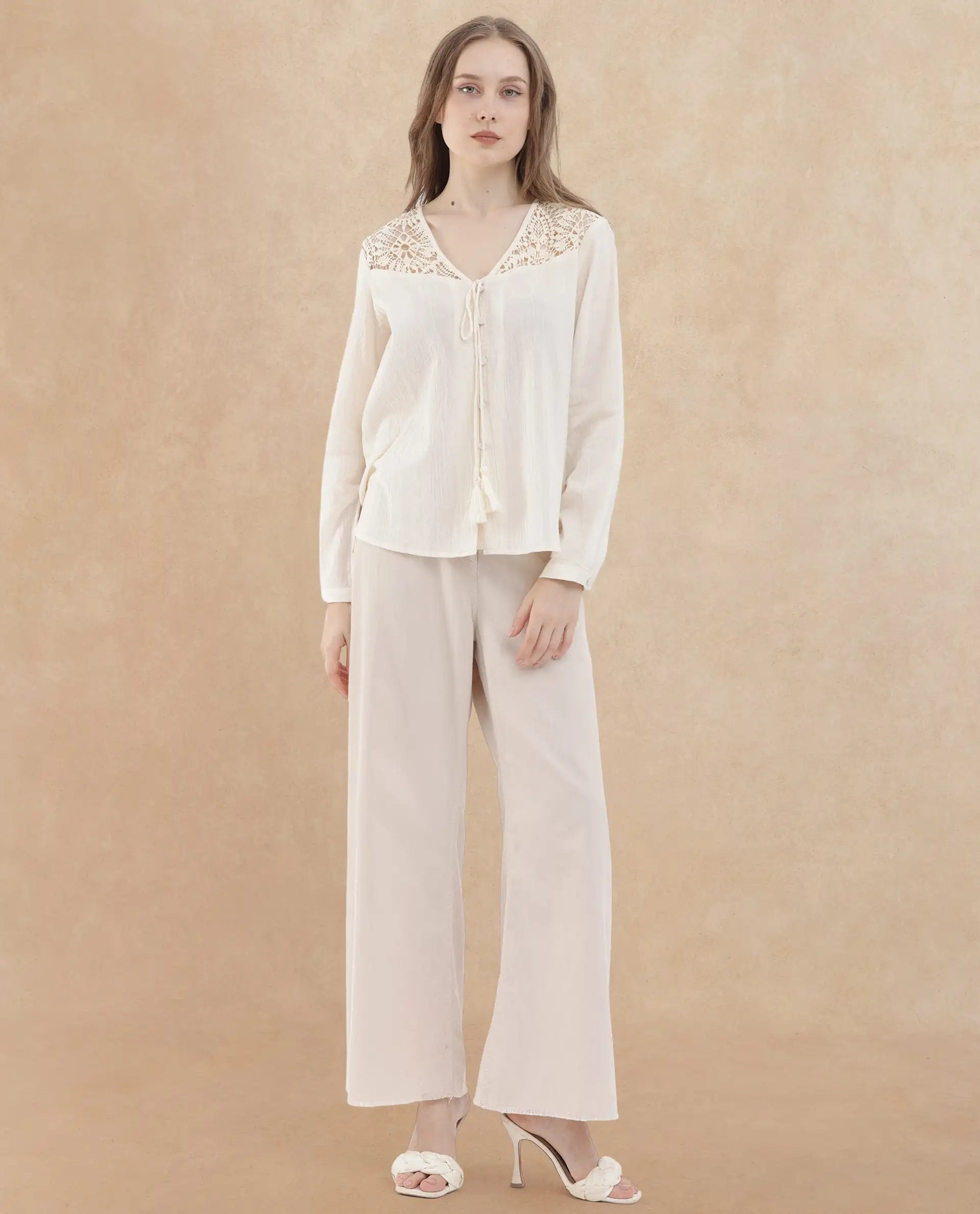 Rareism Women Klaya Beige Cotton Fabric Full Sleeves Button Closure V-Neck Relaxed Fit Plain Top