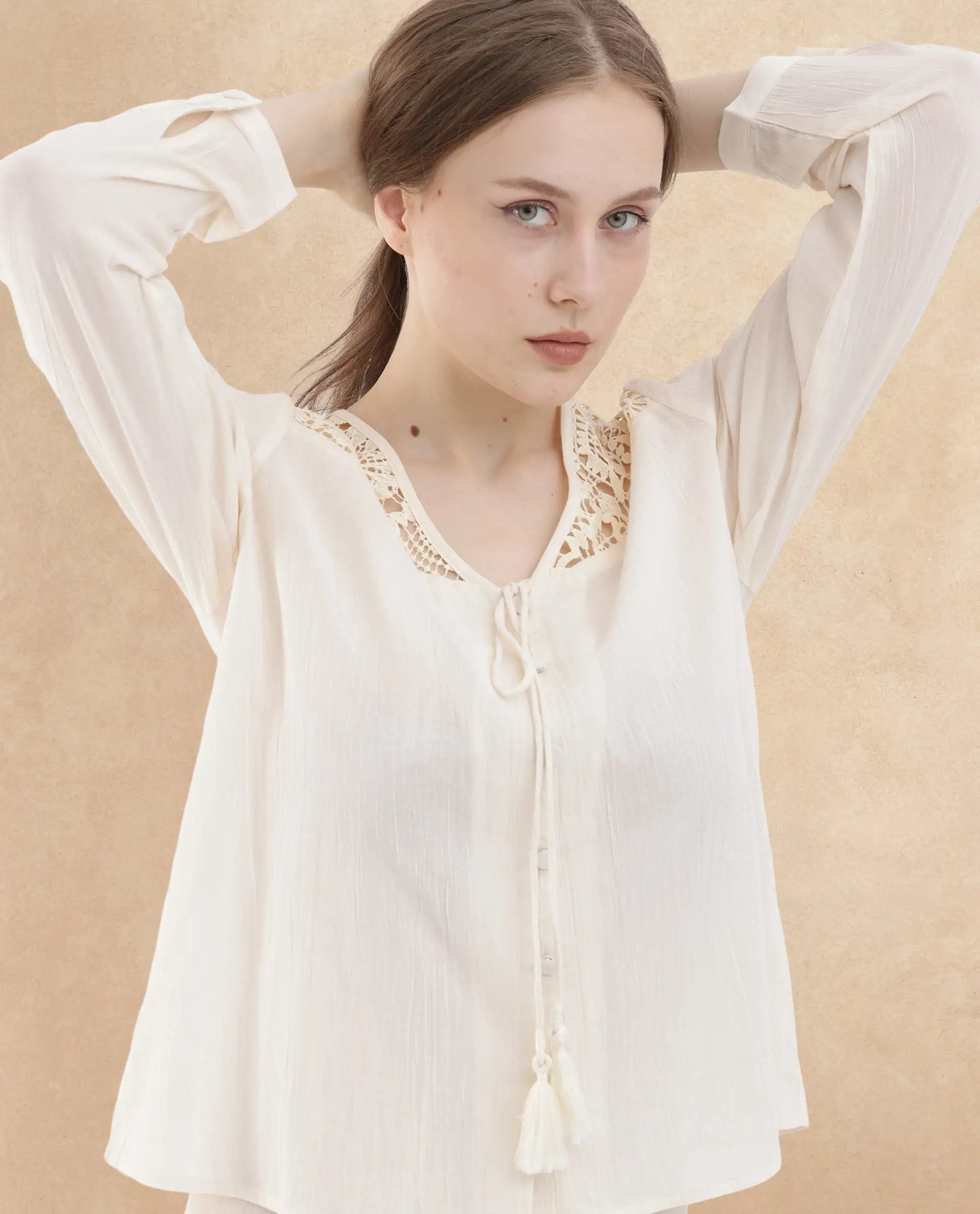 Rareism Women Klaya Beige Cotton Fabric Full Sleeves Button Closure V-Neck Relaxed Fit Plain Top