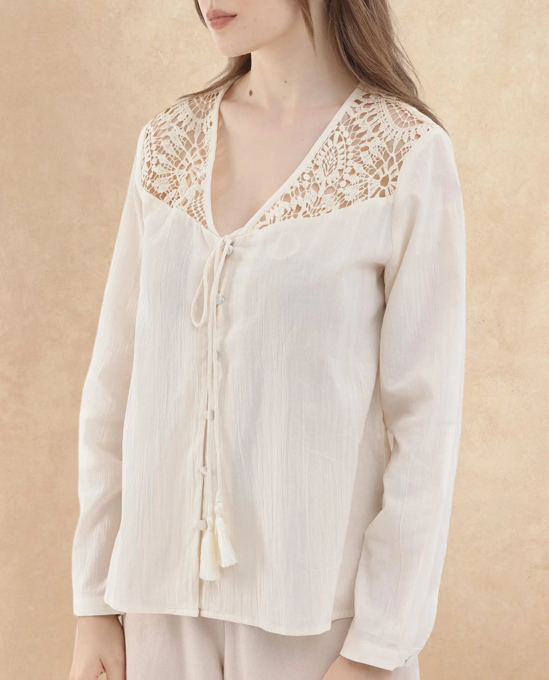 Rareism Women Klaya Beige Cotton Fabric Full Sleeves Button Closure V-Neck Relaxed Fit Plain Top