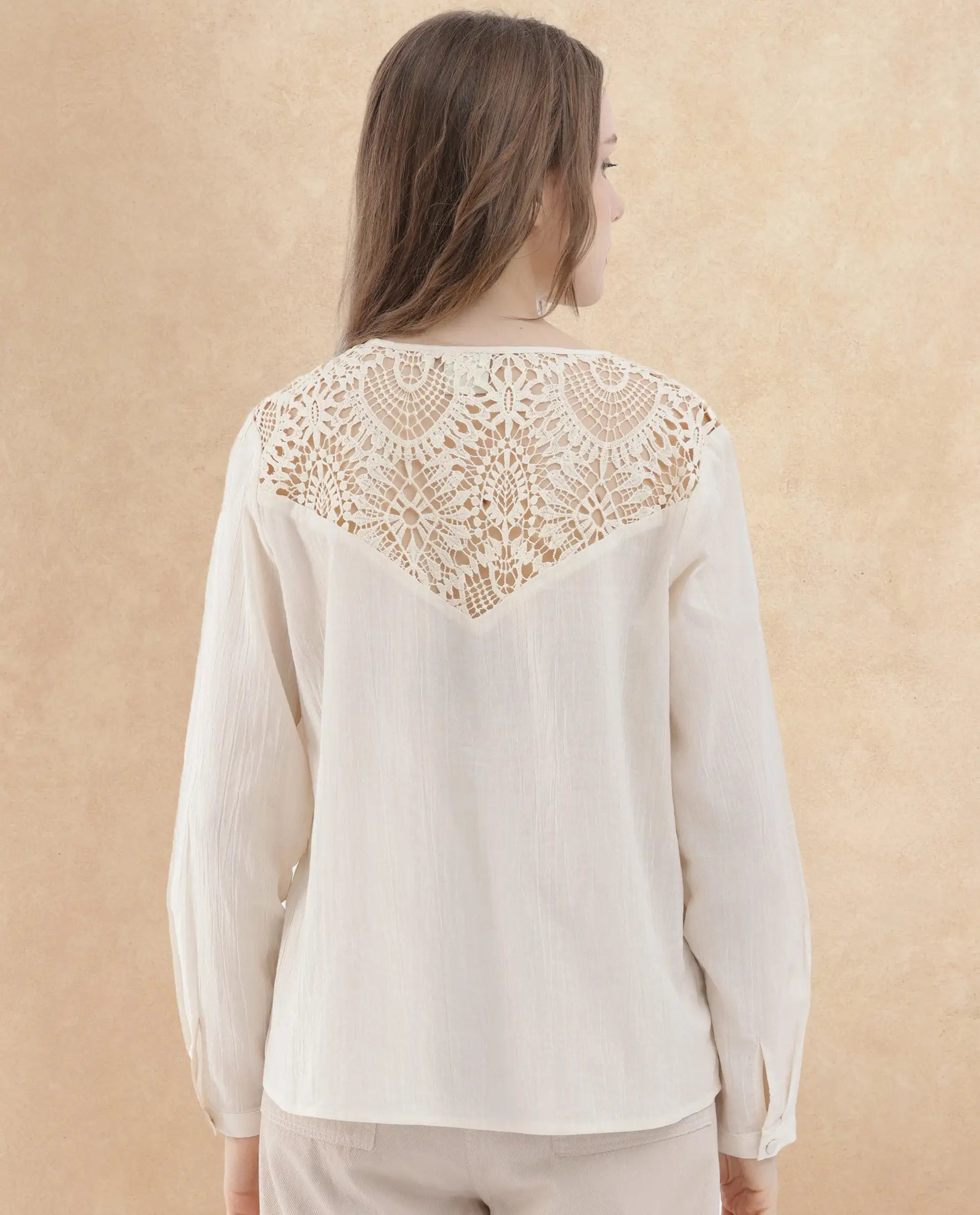 Rareism Women Klaya Beige Cotton Fabric Full Sleeves Button Closure V-Neck Relaxed Fit Plain Top