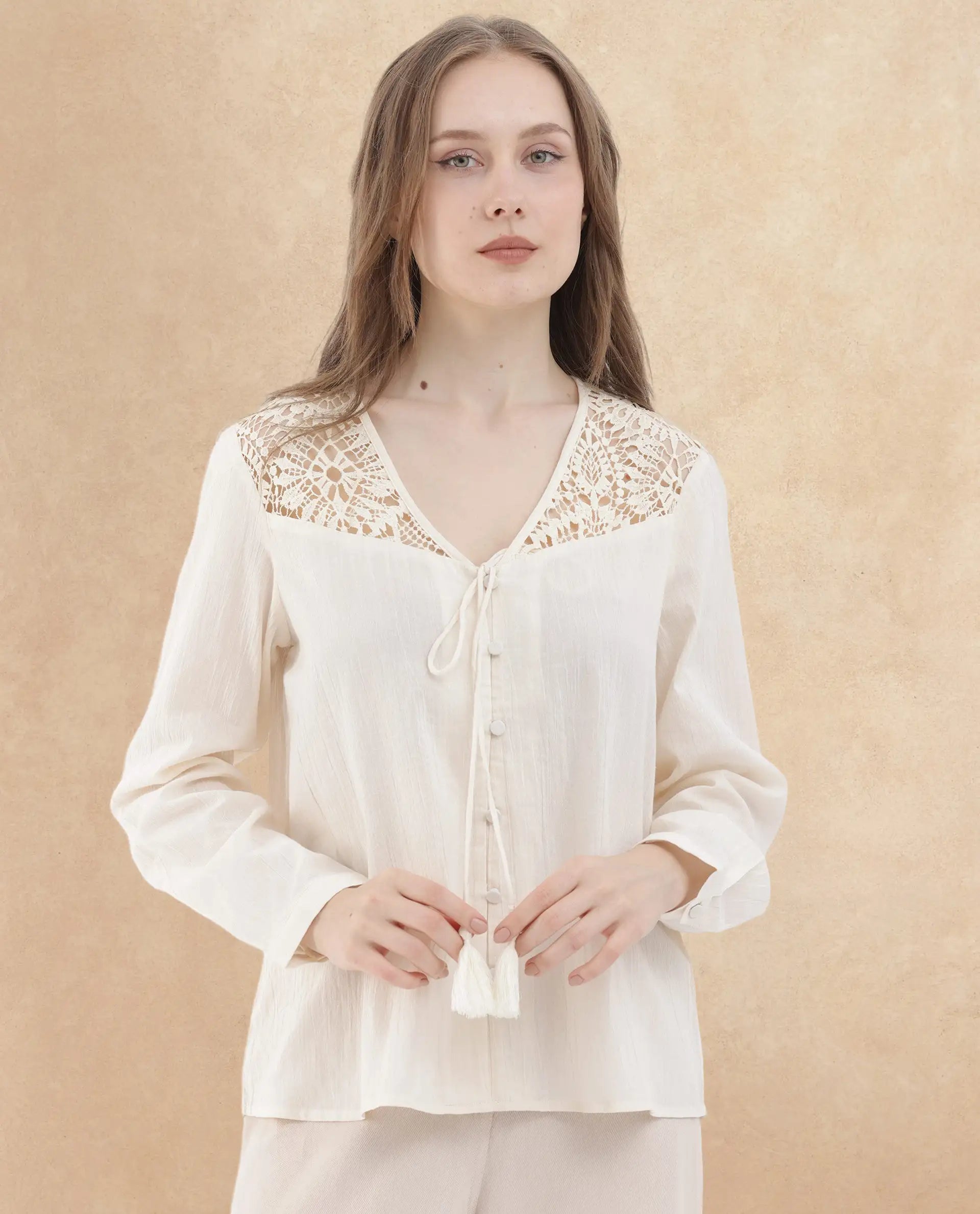 Rareism Women Klaya Beige Cotton Fabric Full Sleeves Button Closure V-Neck Relaxed Fit Plain Top