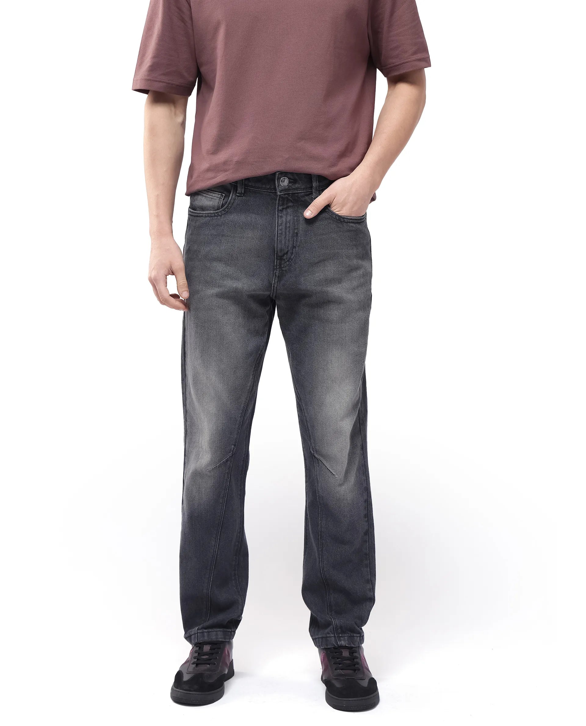 Rare Rabbit Men's Kobet Grey Cotton Fabric Mid Wash Mid Rise Regular Fit Cut and Sew Jeans