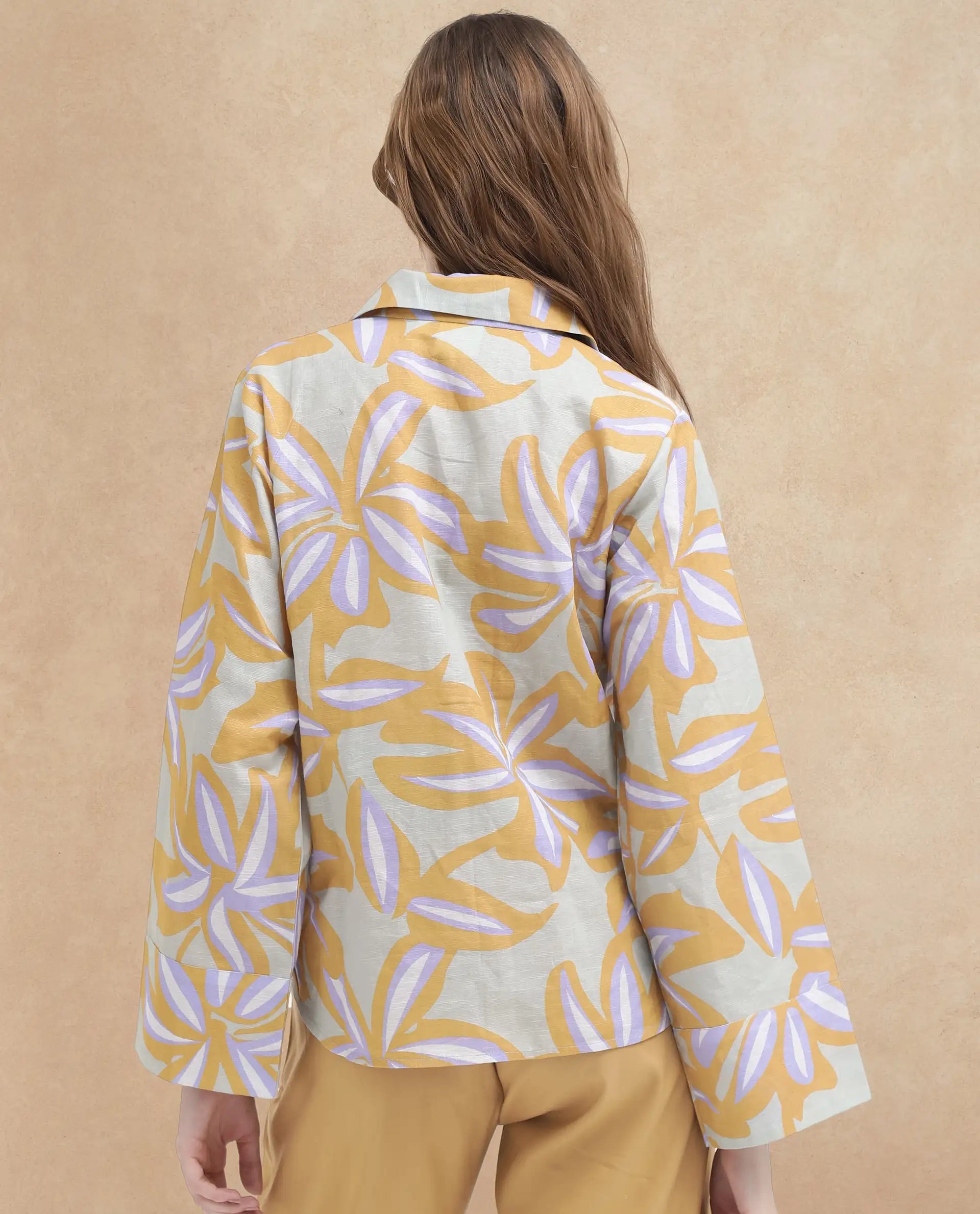 Rareism Women Kofianie Brown Bell Sleeves Collared Collar Abstract Print Top