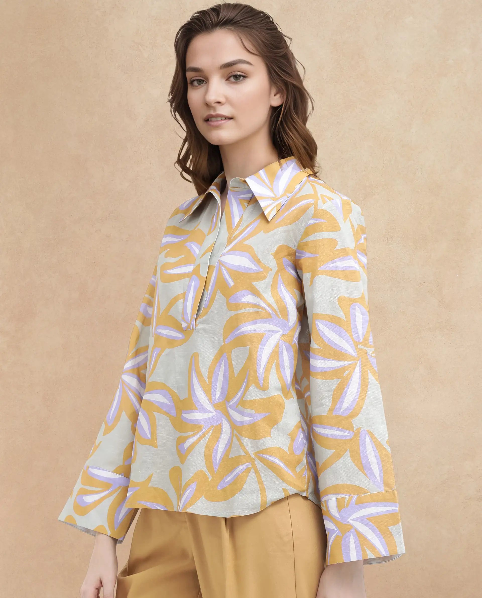 Rareism Women Kofianie Brown Bell Sleeves Collared Collar Abstract Print Top