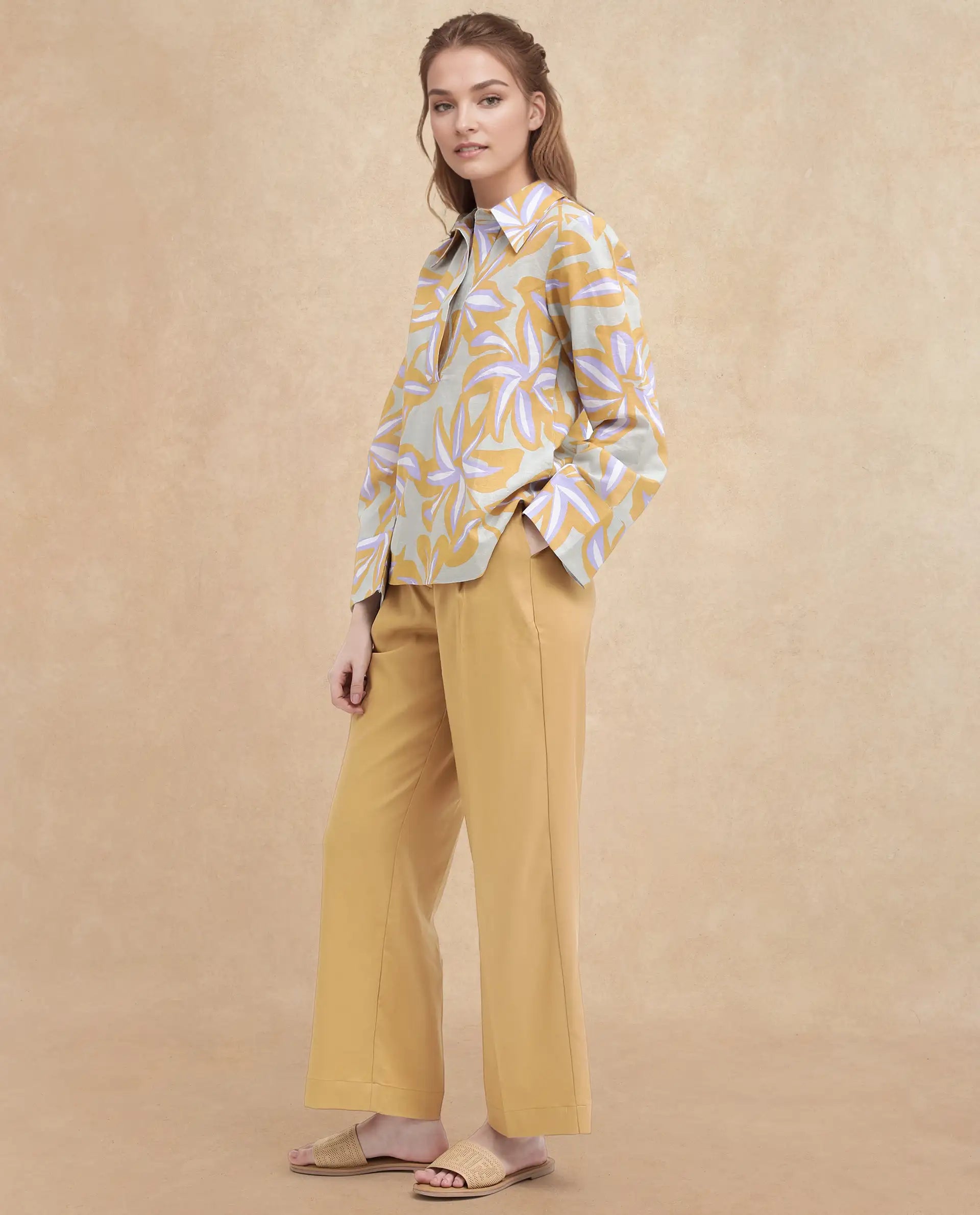 Rareism Women Kofianie Brown Bell Sleeves Collared Collar Abstract Print Top