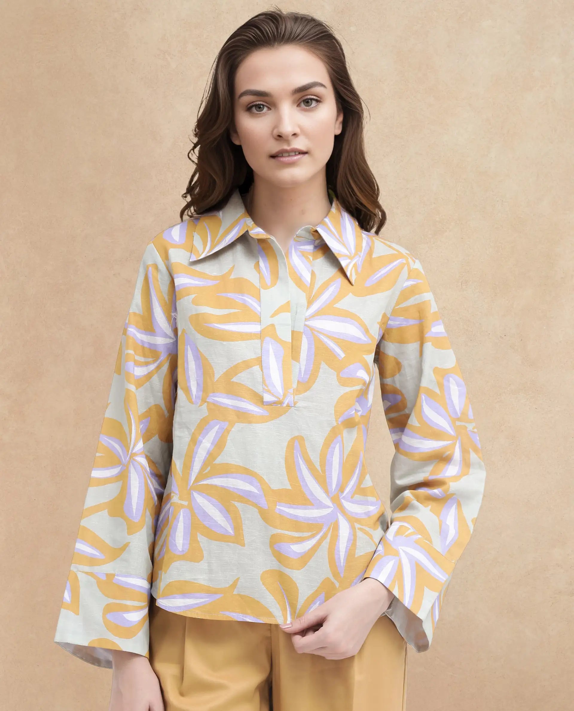 Rareism Women Kofianie Brown Bell Sleeves Collared Collar Abstract Print Top