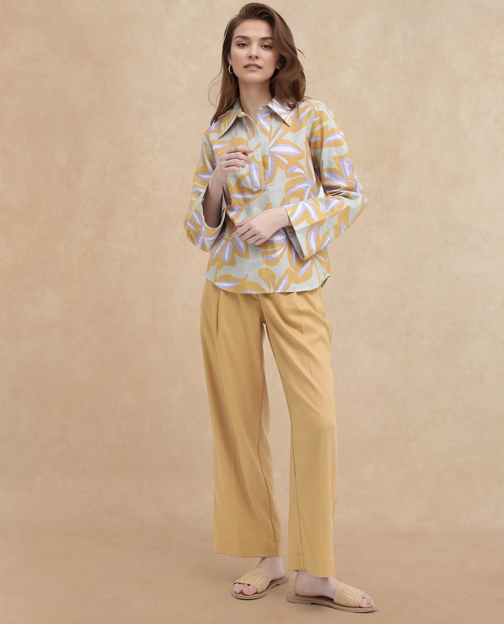 Rareism Women Kofianie Brown Bell Sleeves Collared Collar Abstract Print Top