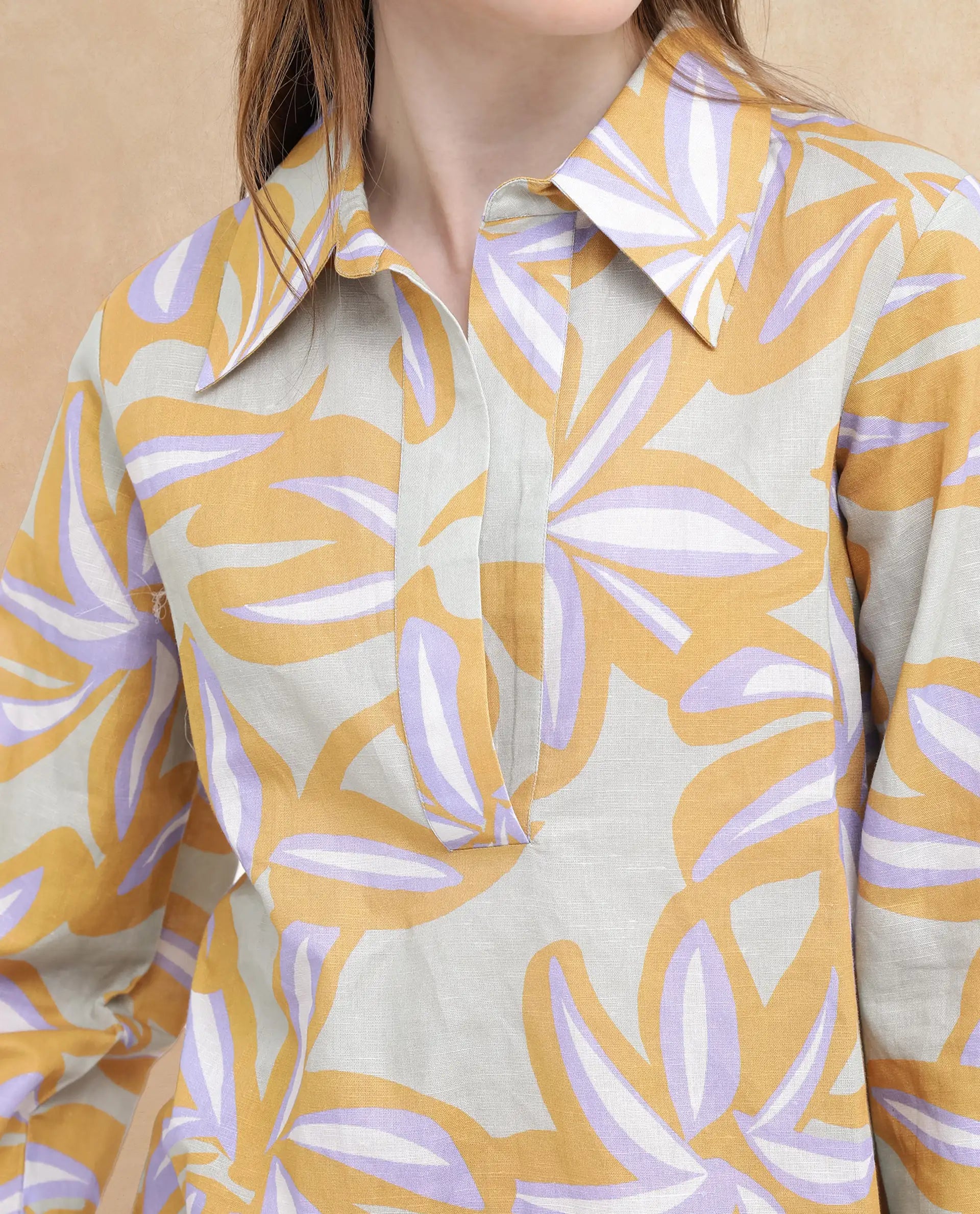 Rareism Women Kofianie Brown Bell Sleeves Collared Collar Abstract Print Top