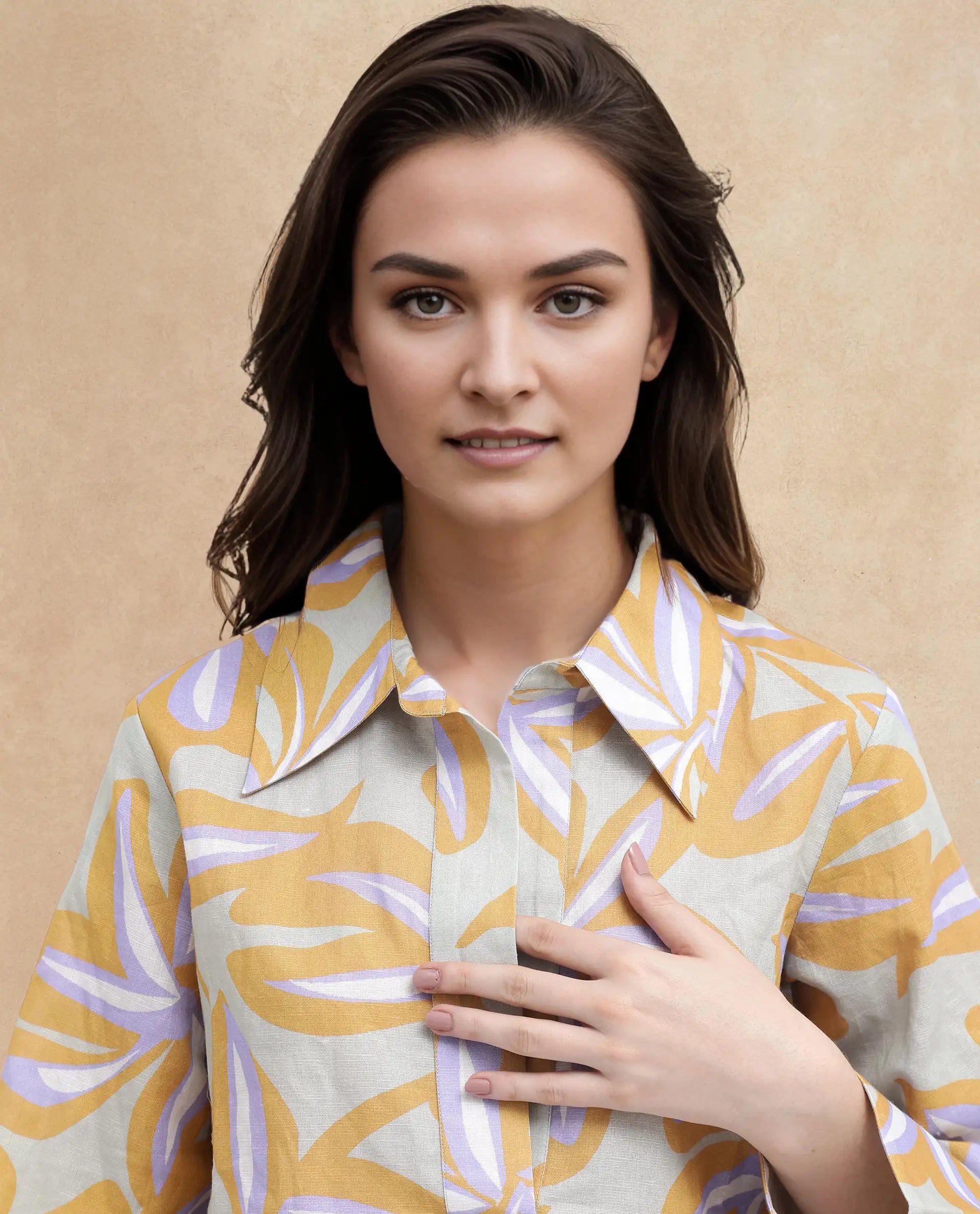 Rareism Women Kofianie Brown Bell Sleeves Collared Collar Abstract Print Top