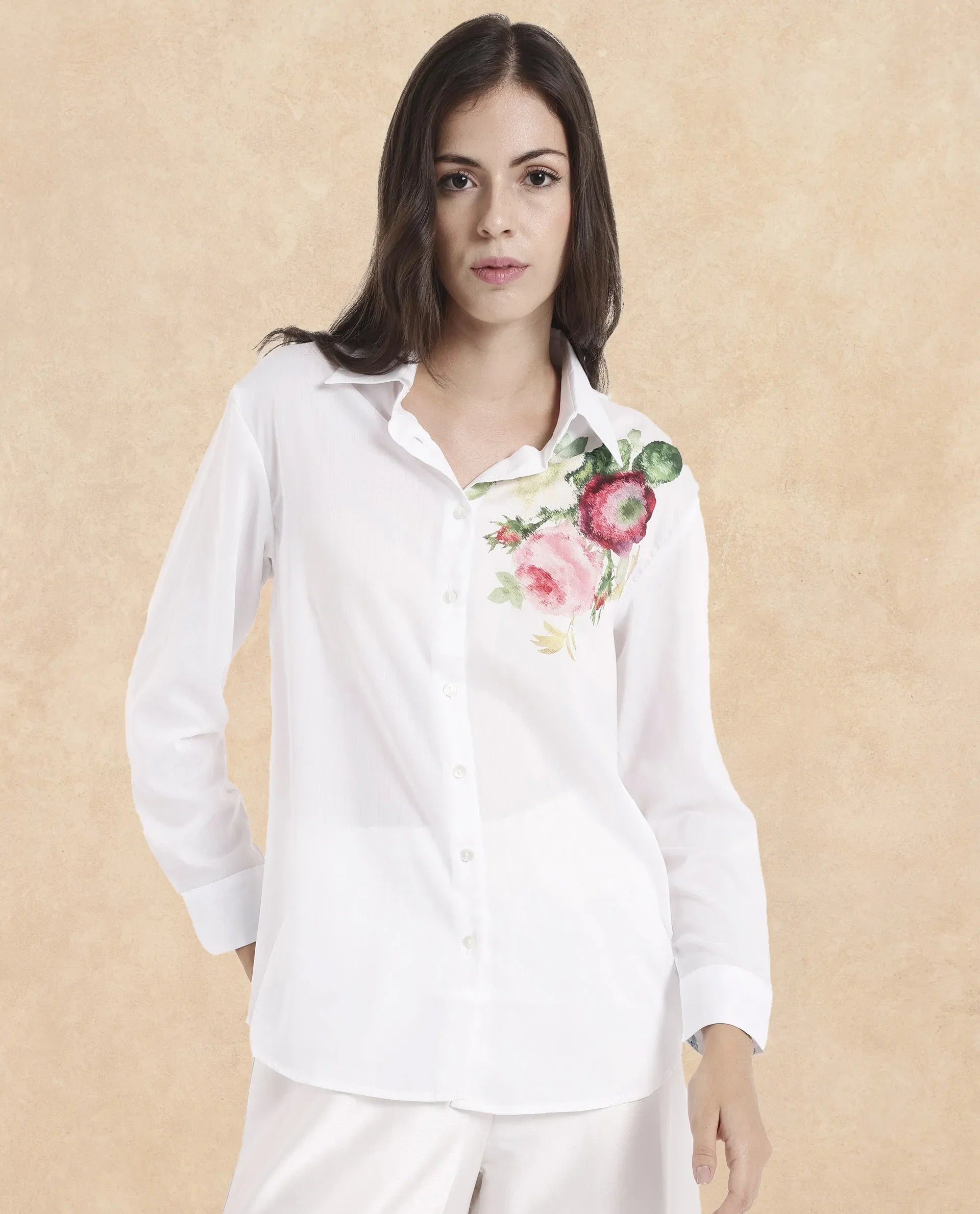 Rareism Women Kraftt White Poly Viscose Fabric Full Sleeve Round Neck Floral Print Regular Length Top