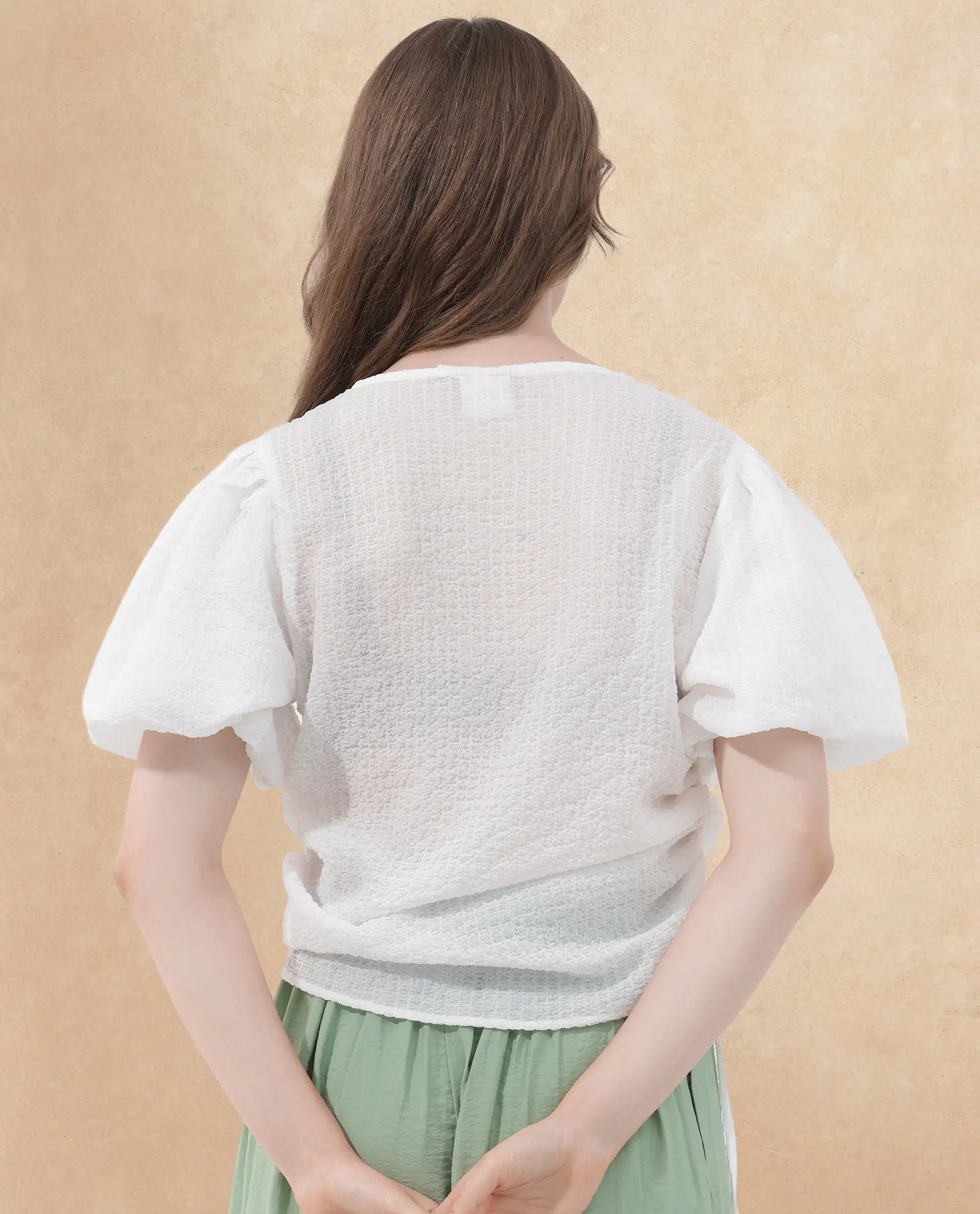 Rareism Women Krien White Polyester Fabric Short Sleeves V-Neck Balloon Sleeve Regular Fit Plain Top