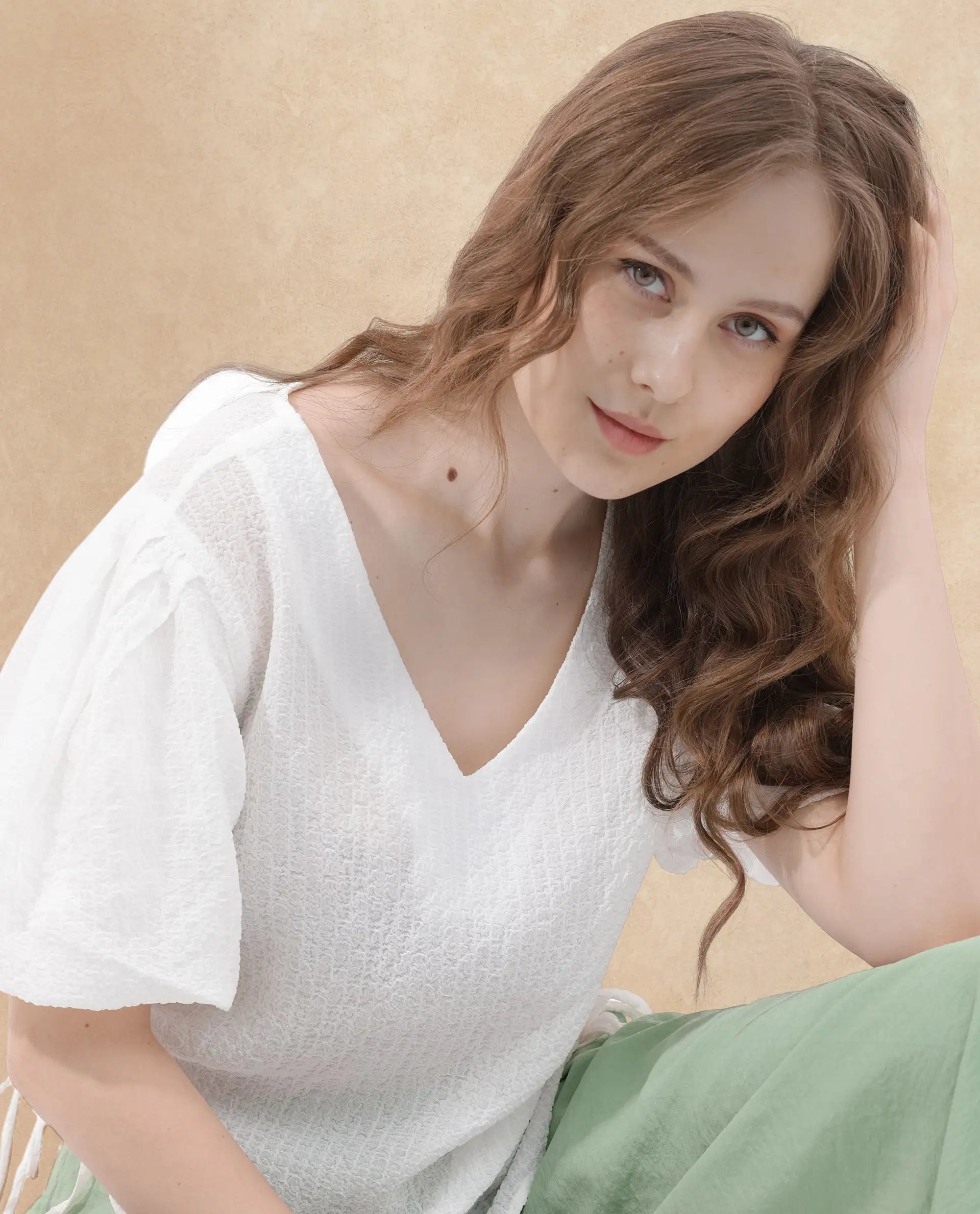 Rareism Women Krien White Polyester Fabric Short Sleeves V-Neck Balloon Sleeve Regular Fit Plain Top