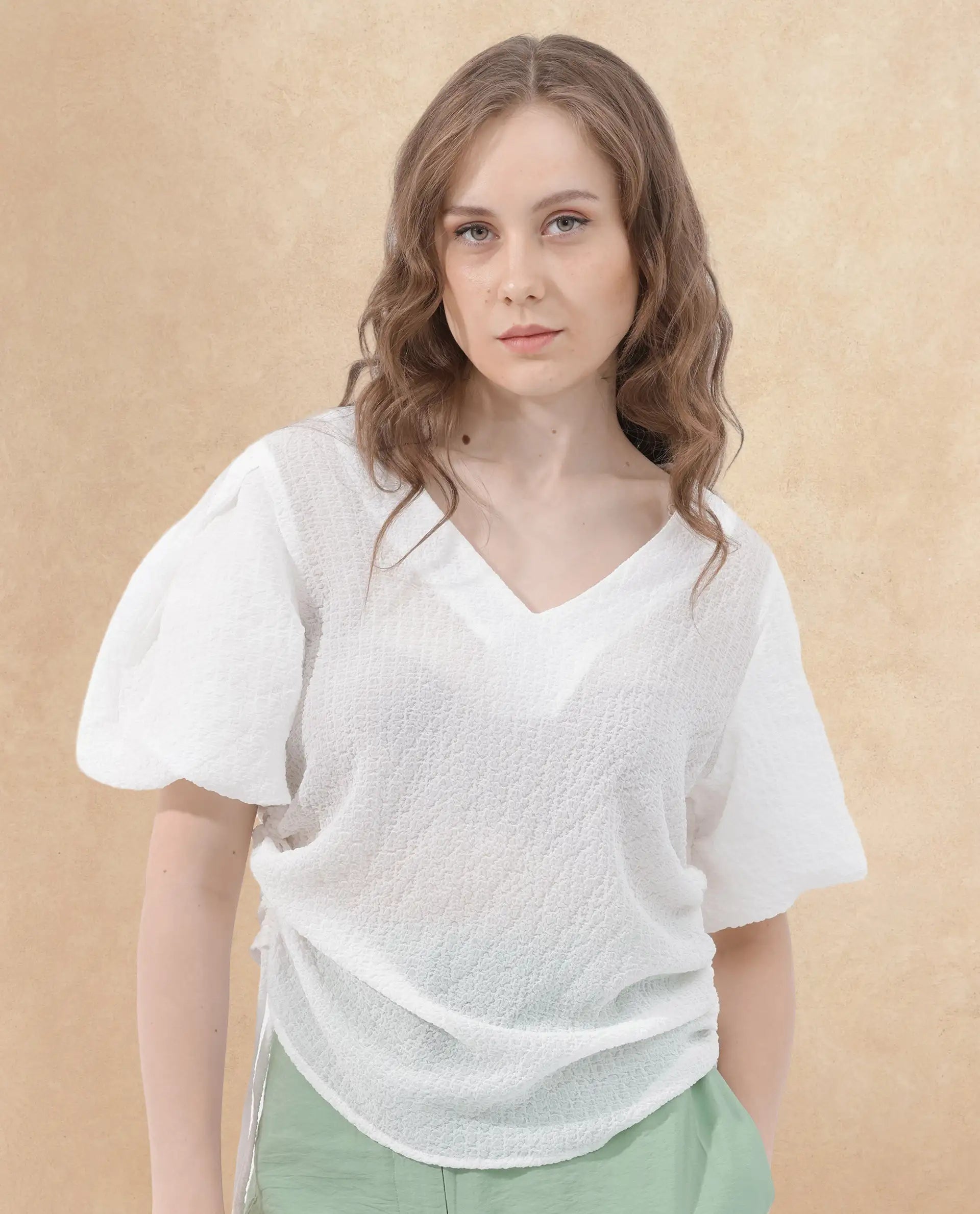 Rareism Women Krien White Polyester Fabric Short Sleeves V-Neck Balloon Sleeve Regular Fit Plain Top