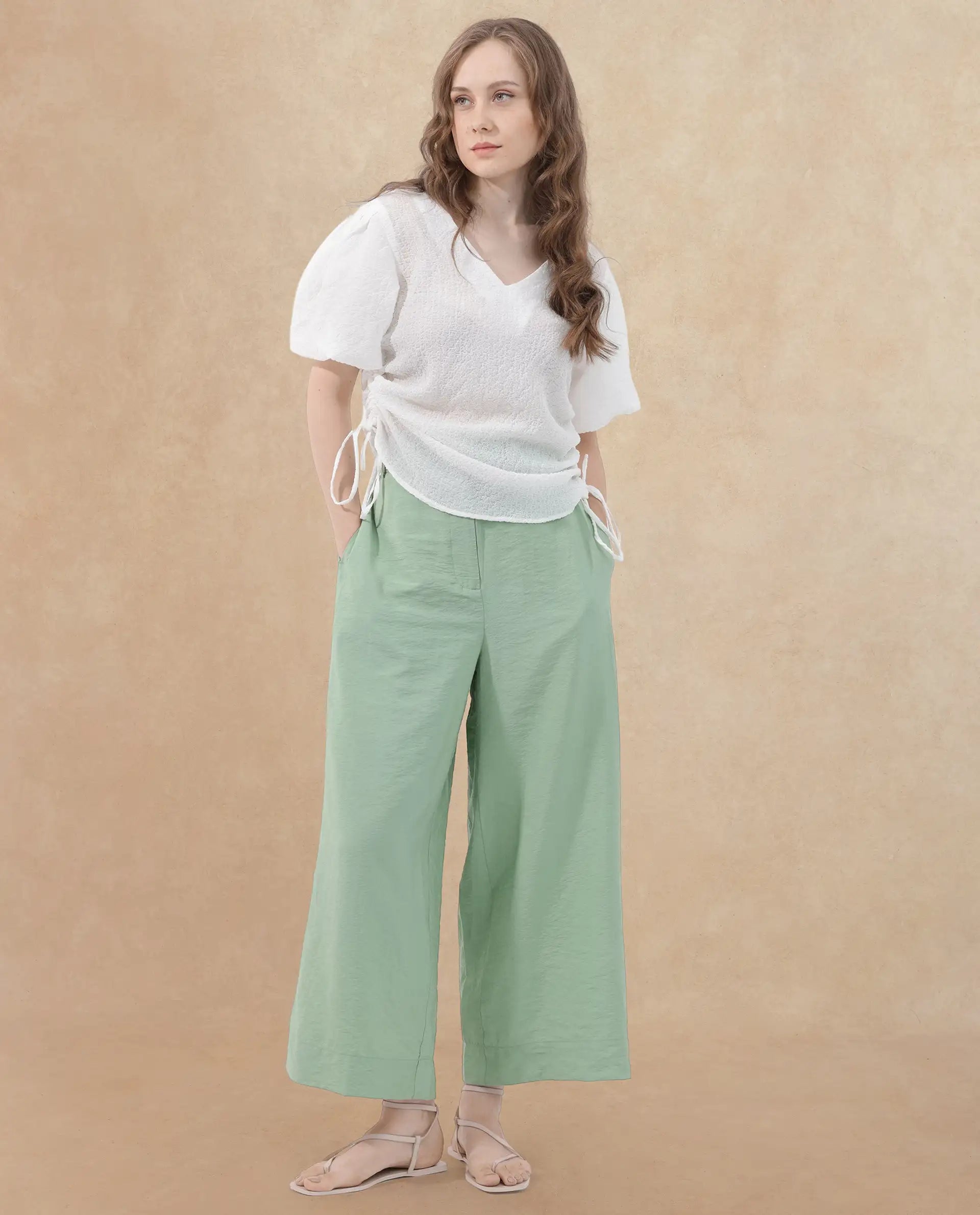 Rareism Women Krien White Polyester Fabric Short Sleeves V-Neck Balloon Sleeve Regular Fit Plain Top