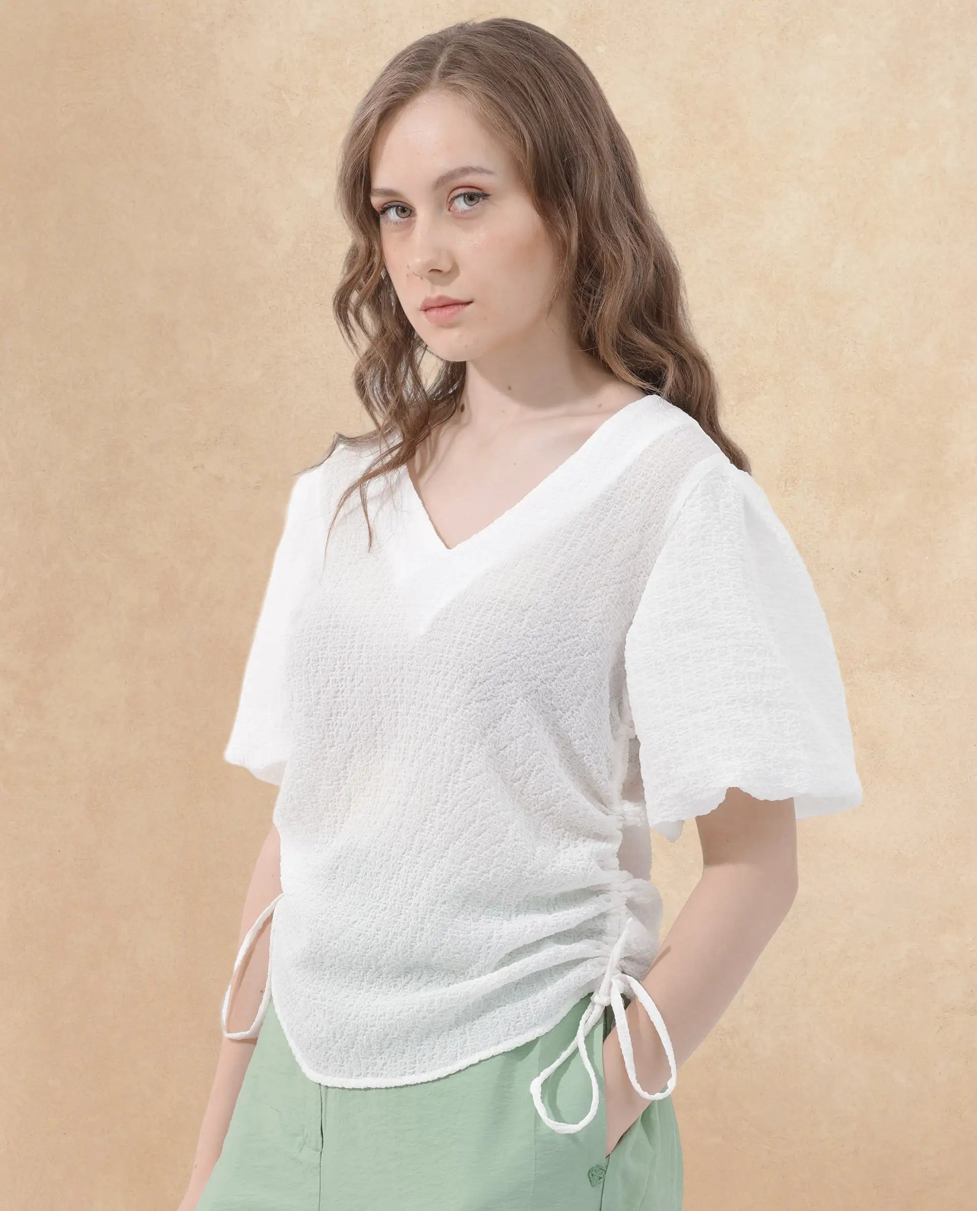 Rareism Women Krien White Polyester Fabric Short Sleeves V-Neck Balloon Sleeve Regular Fit Plain Top