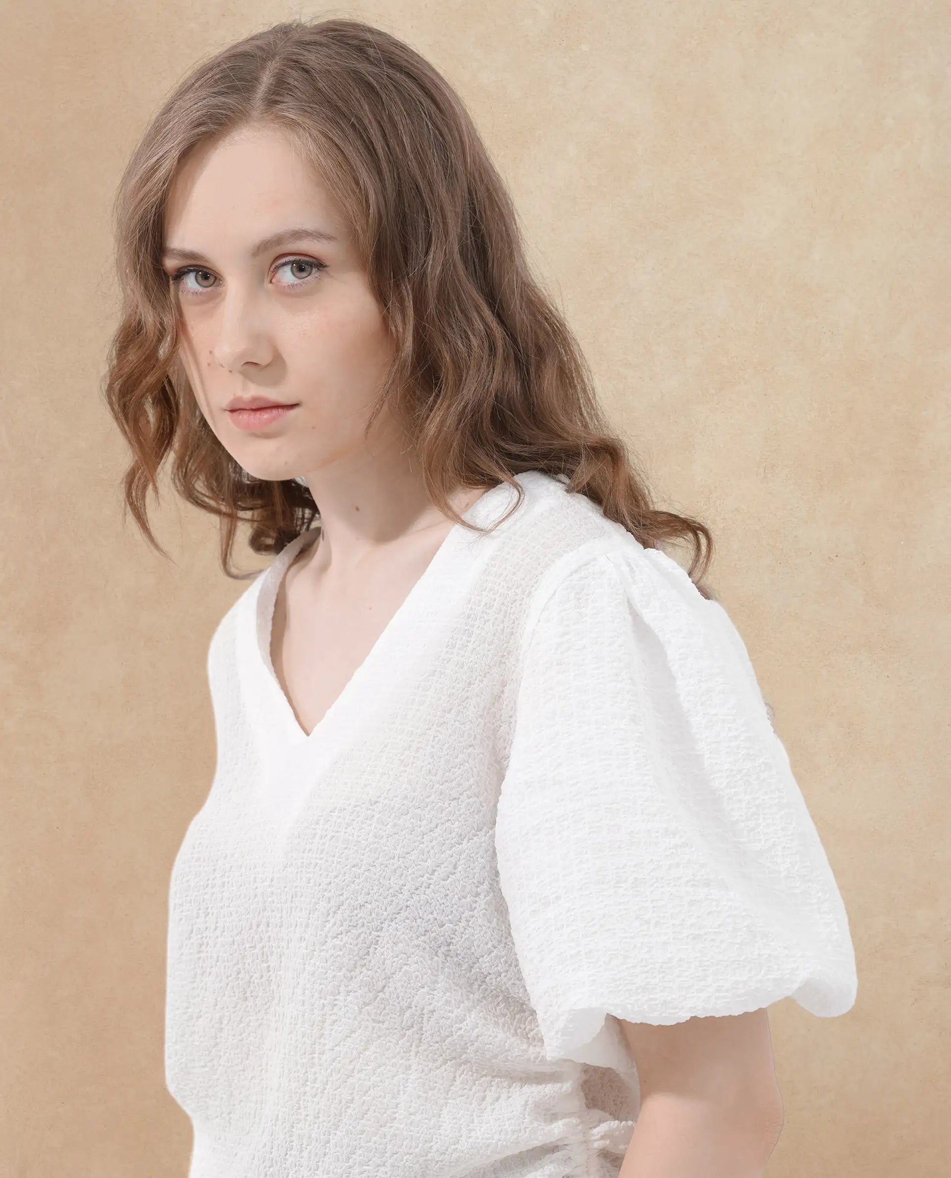 Rareism Women Krien White Polyester Fabric Short Sleeves V-Neck Balloon Sleeve Regular Fit Plain Top