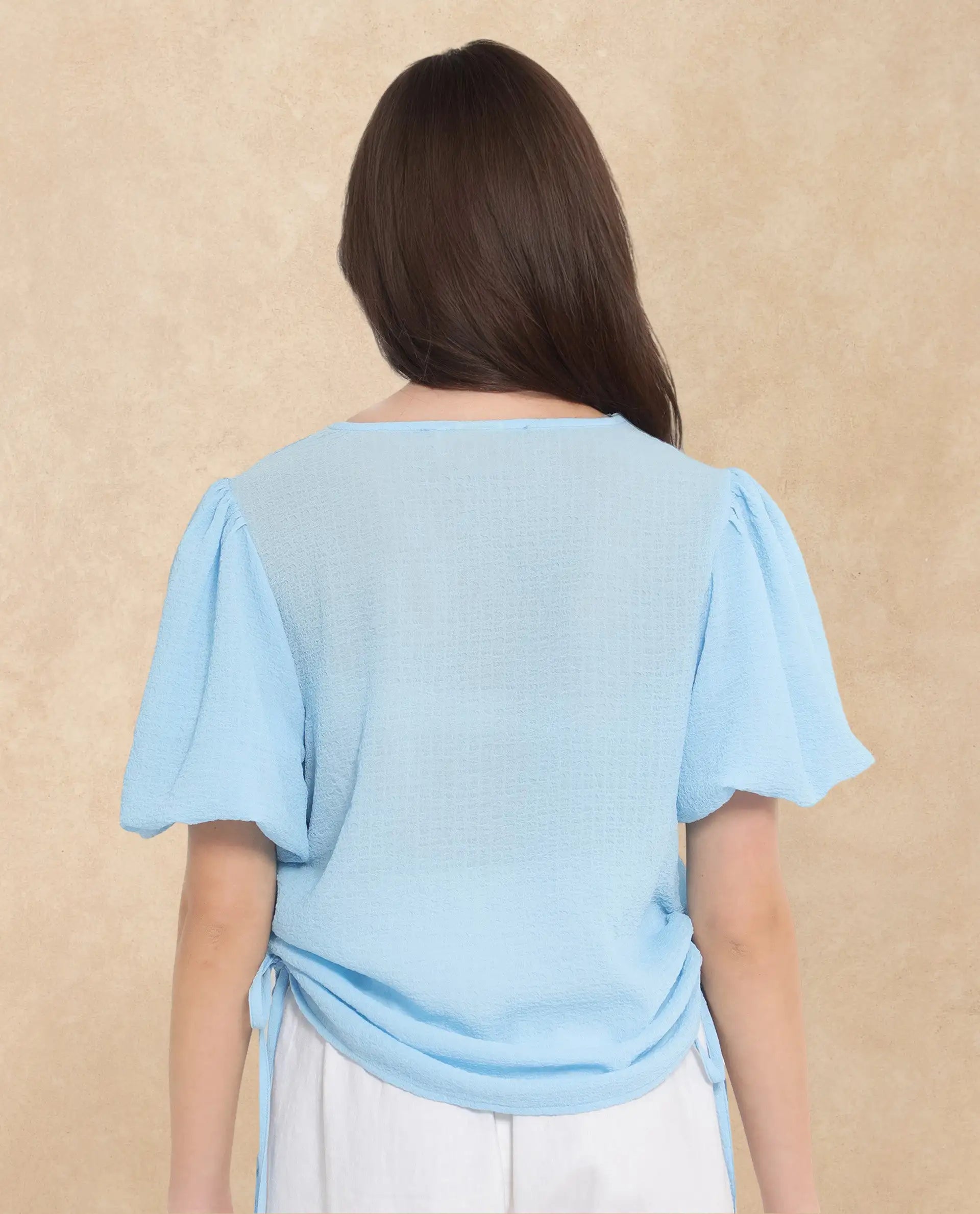 Rareism Women Krien Light Blue Balloon Sleeve V-Neck Plain Top