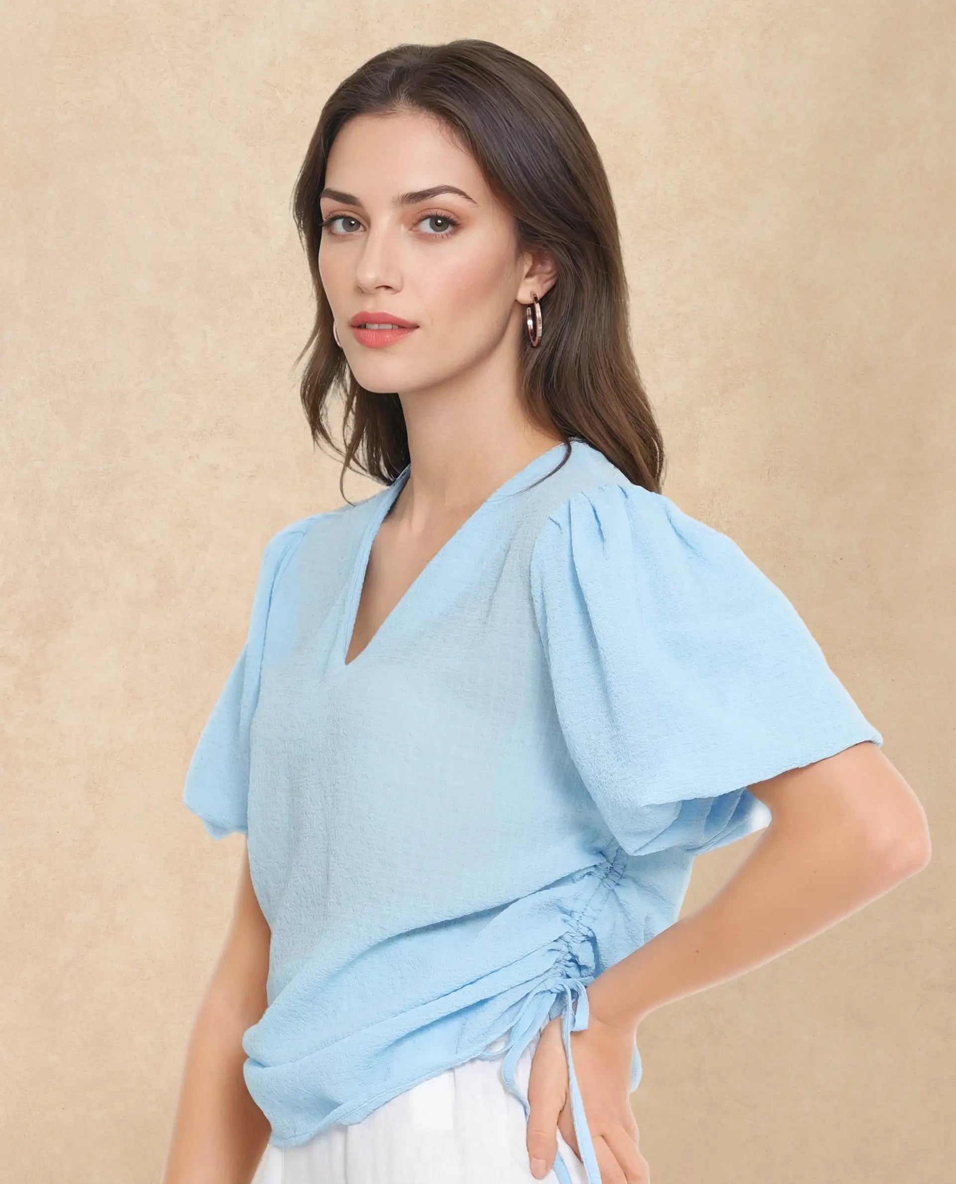 Rareism Women Krien Light Blue Balloon Sleeve V-Neck Plain Top