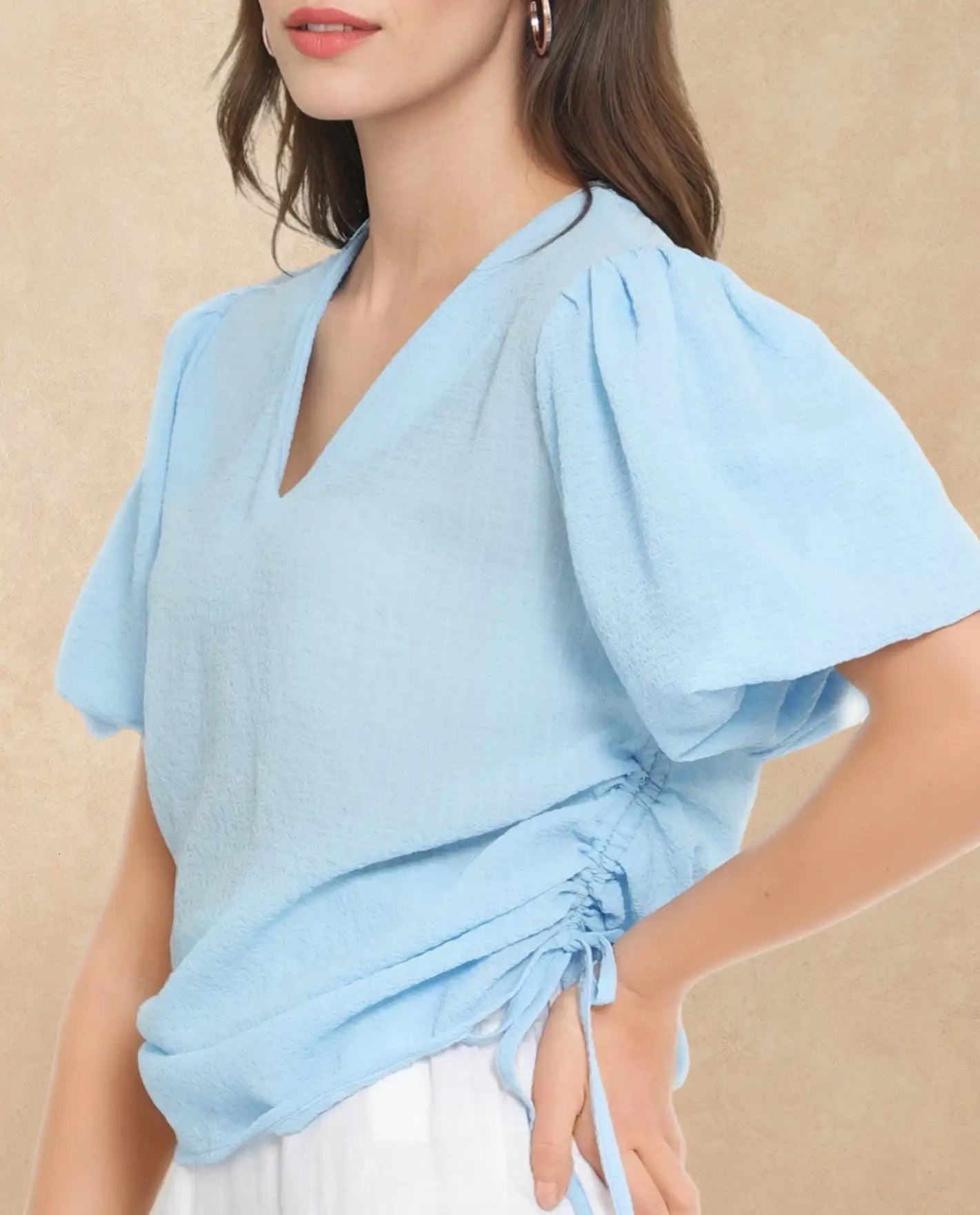 Rareism Women Krien Light Blue Balloon Sleeve V-Neck Plain Top