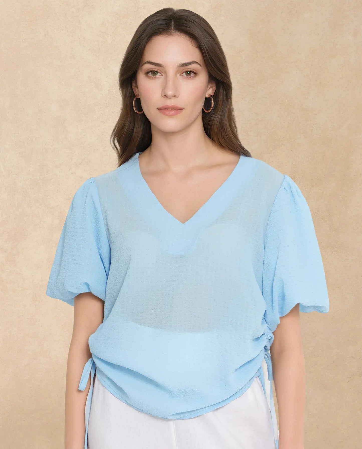 Rareism Women Krien Light Blue Balloon Sleeve V-Neck Plain Top
