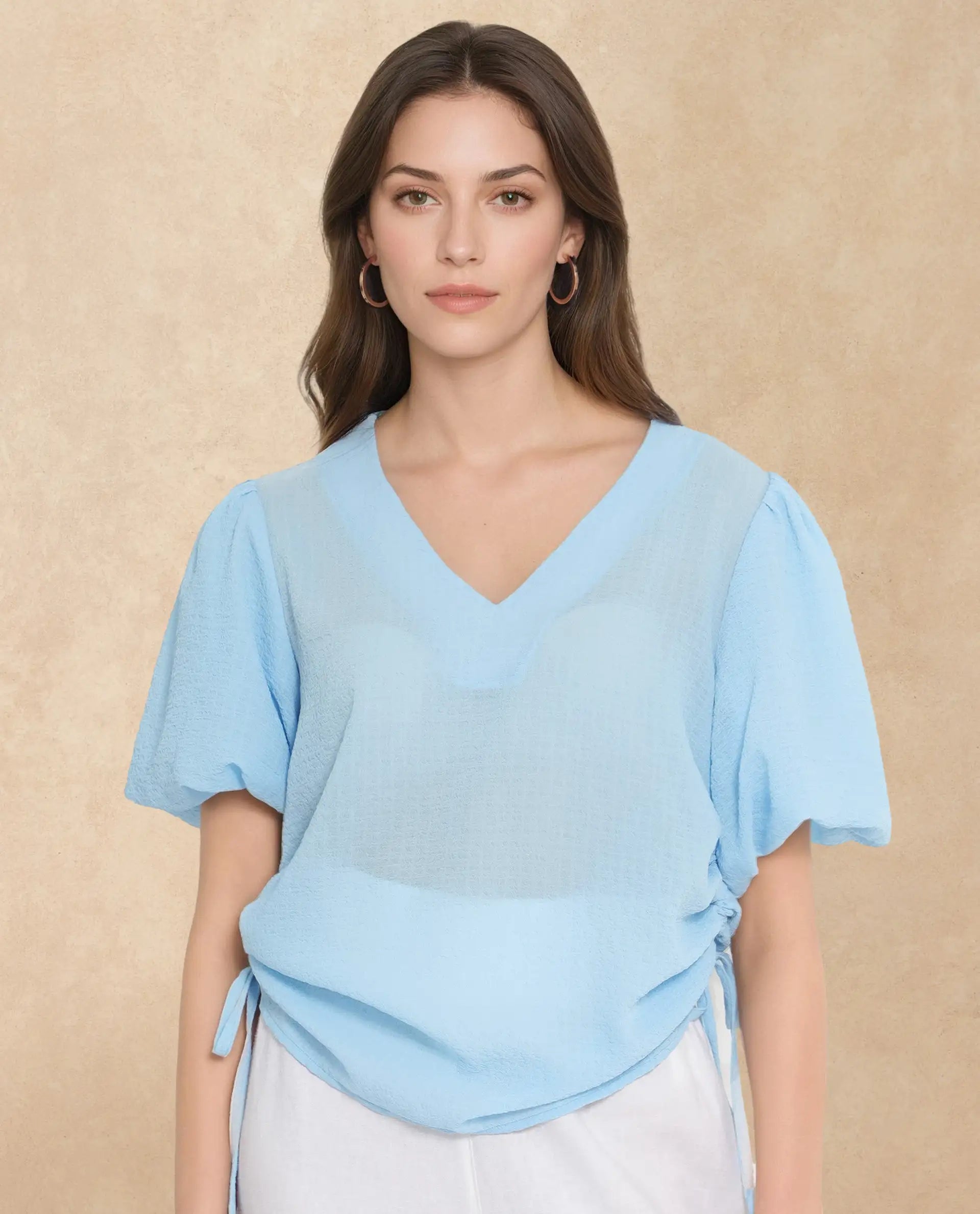 Rareism Women Krien Light Blue Balloon Sleeve V-Neck Plain Top