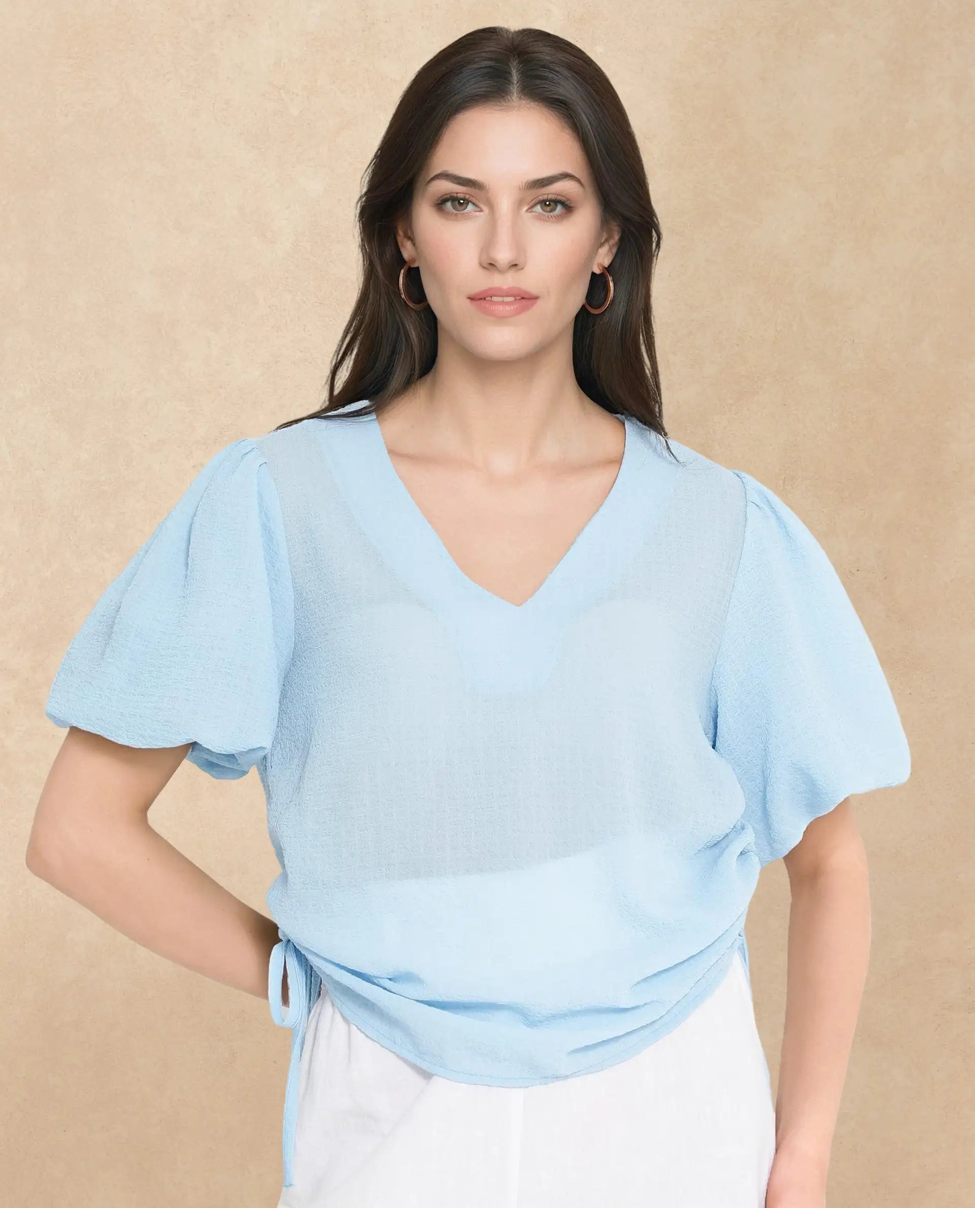 Rareism Women Krien Light Blue Balloon Sleeve V-Neck Plain Top