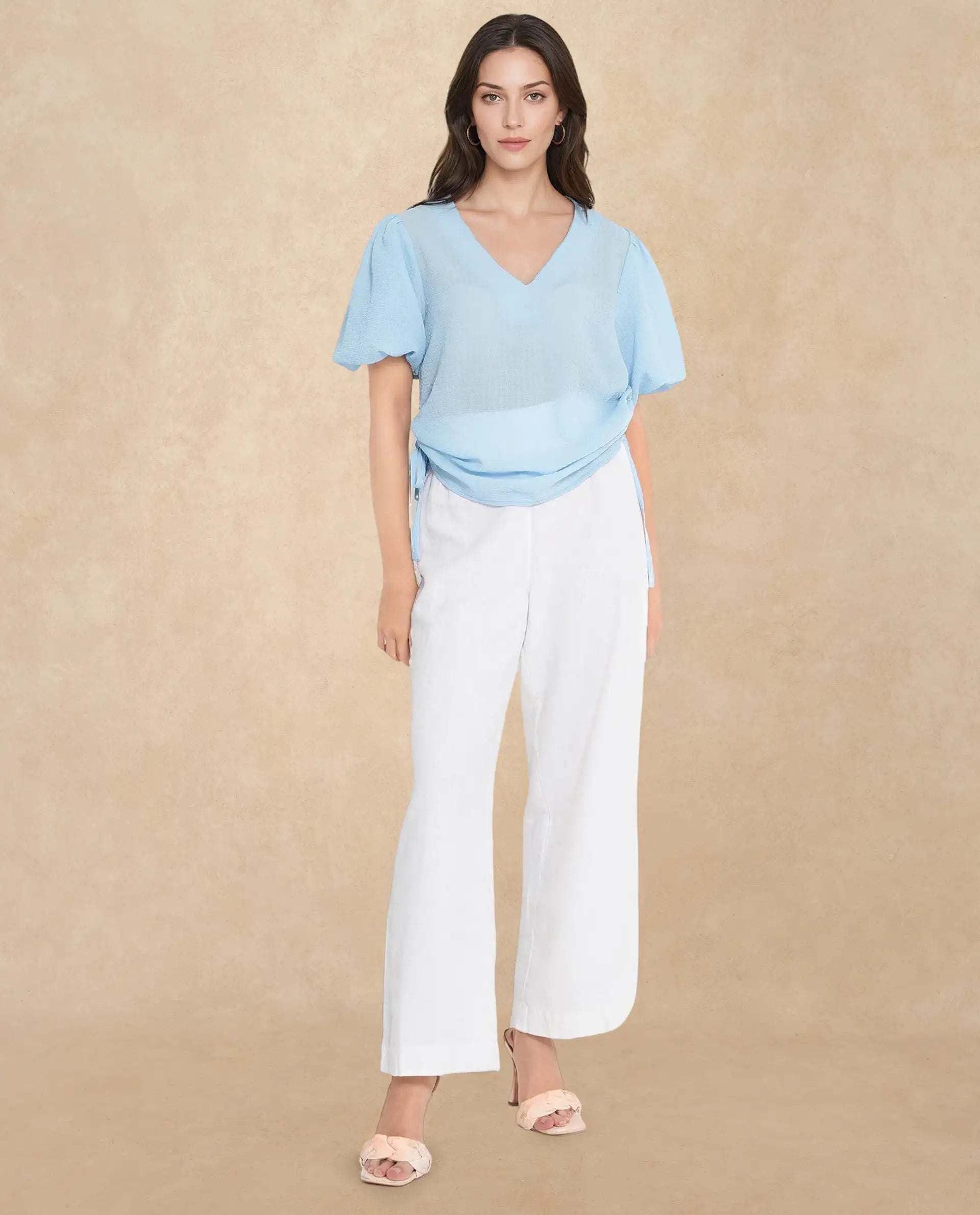 Rareism Women Krien Light Blue Balloon Sleeve V-Neck Plain Top