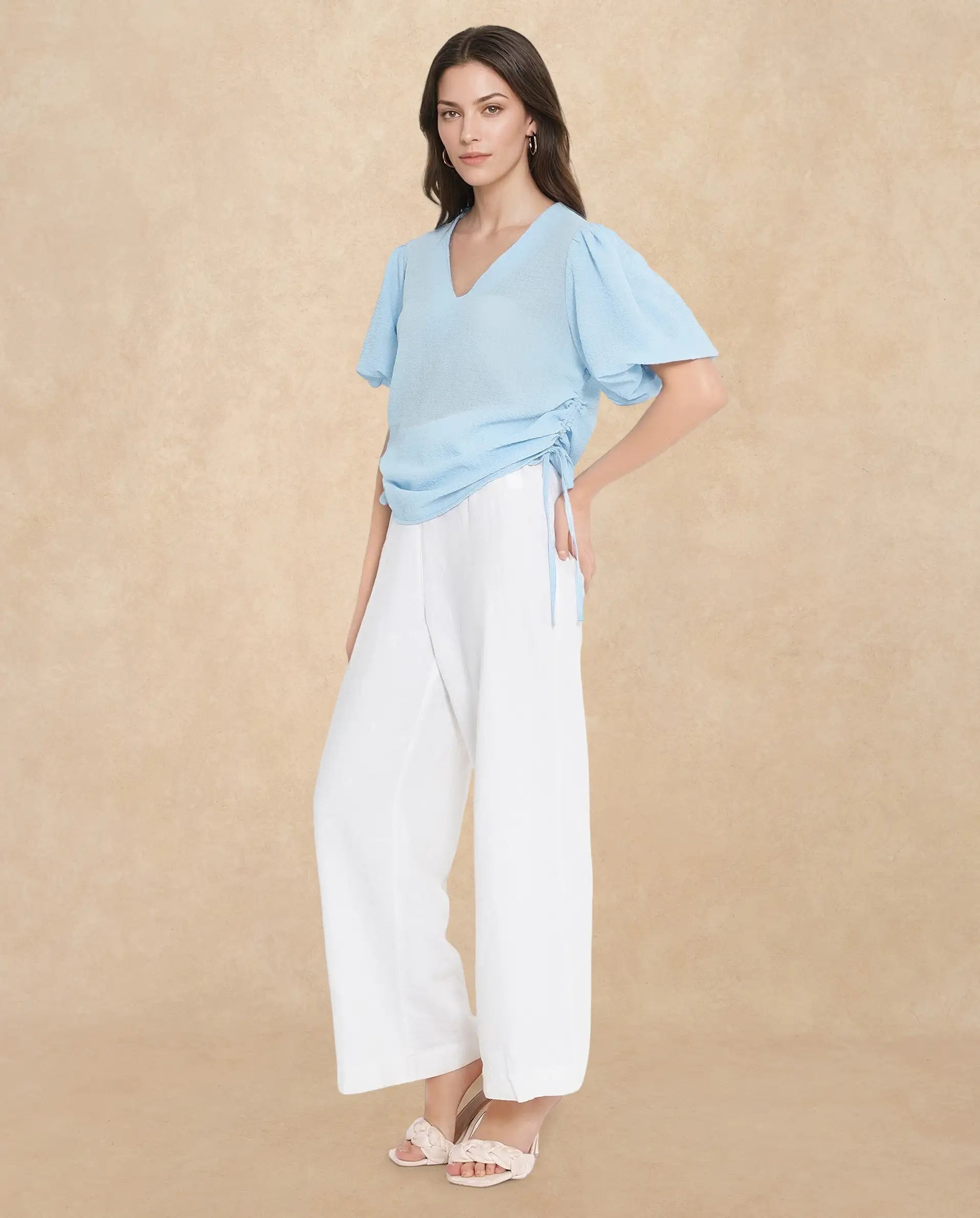 Rareism Women Krien Light Blue Balloon Sleeve V-Neck Plain Top