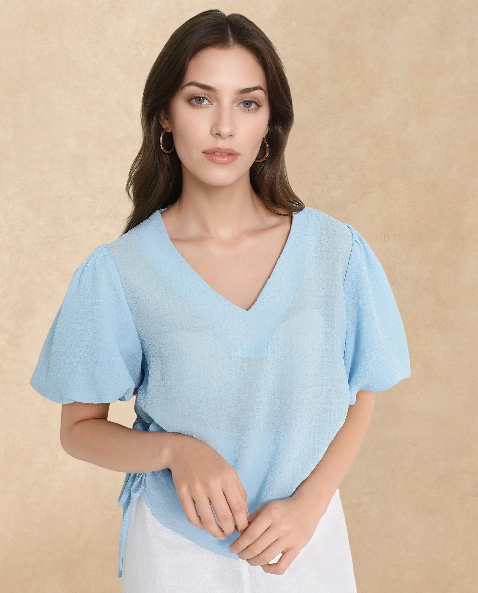 Rareism Women Krien Light Blue Balloon Sleeve V-Neck Plain Top