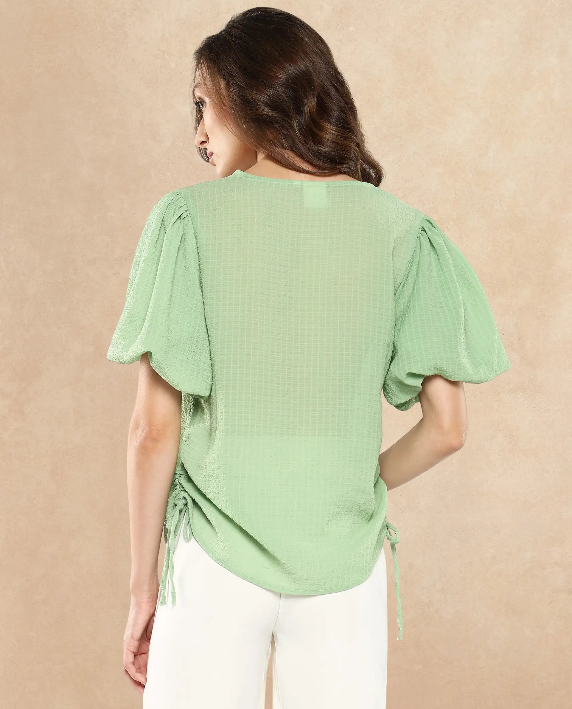 Rareism Women Krien Light Green Balloon Sleeve V-Neck Plain Top
