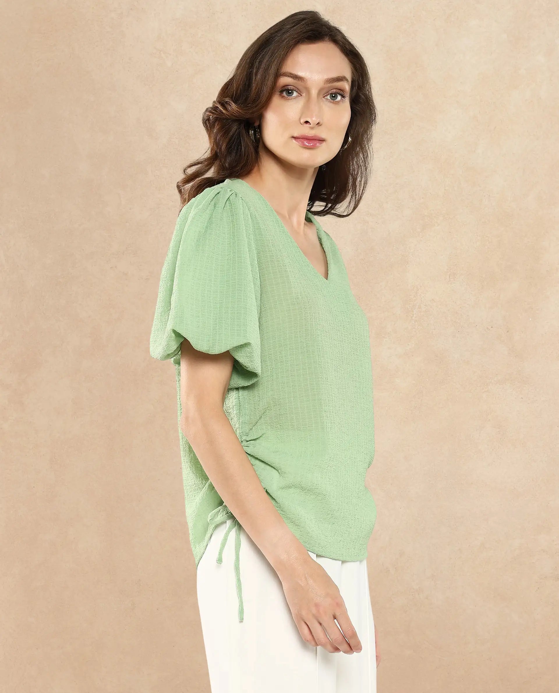 Rareism Women Krien Light Green Balloon Sleeve V-Neck Plain Top