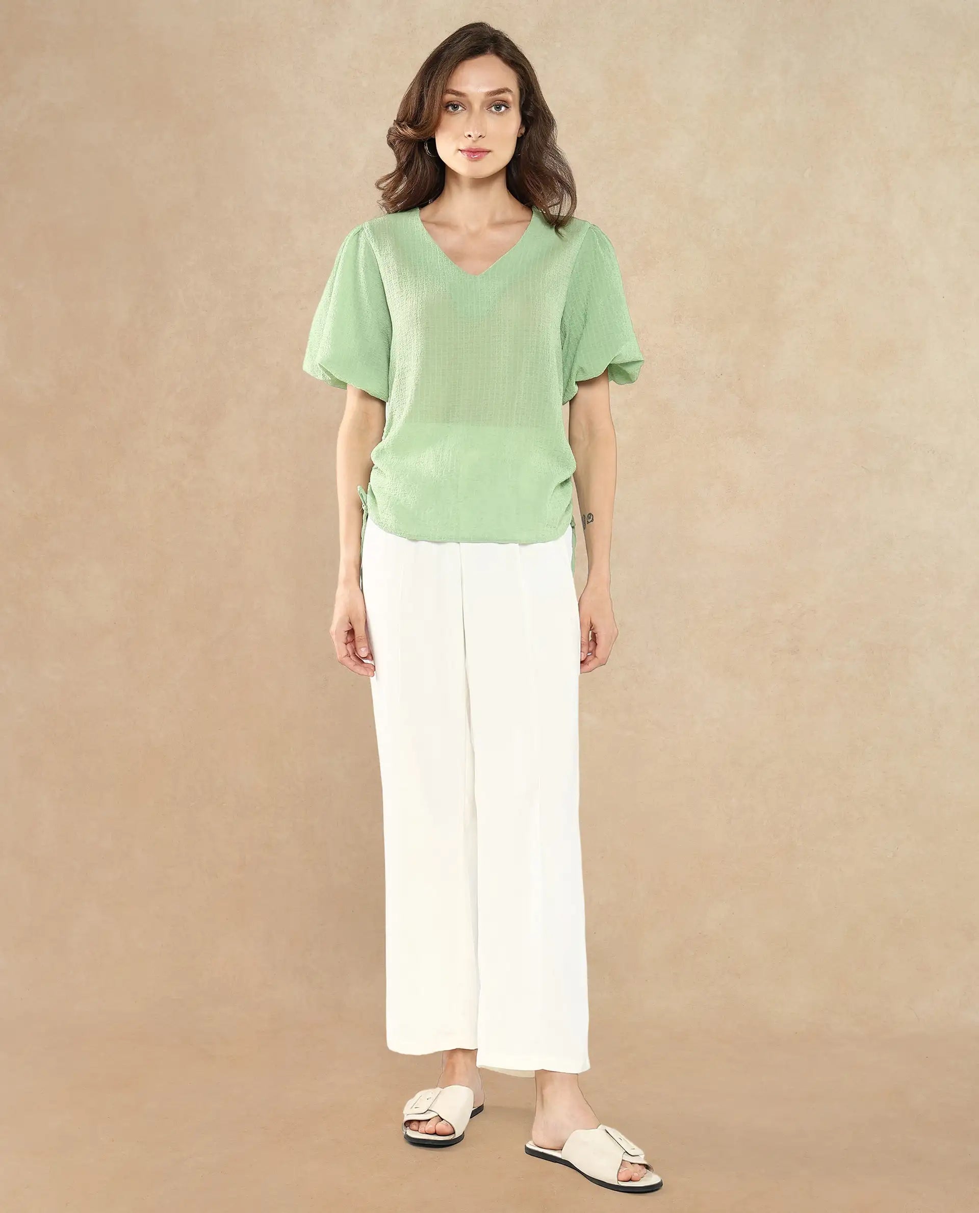 Rareism Women Krien Light Green Balloon Sleeve V-Neck Plain Top