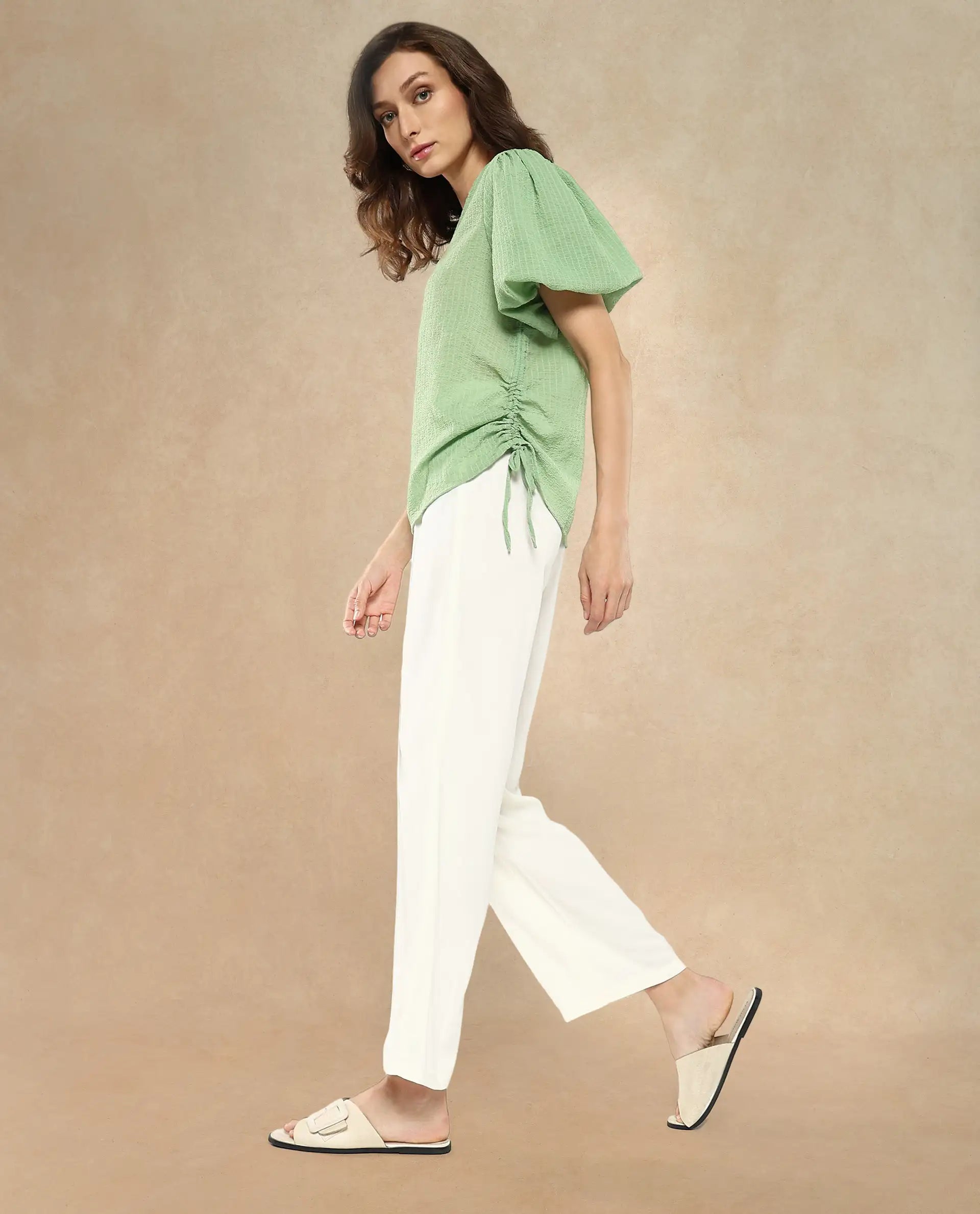 Rareism Women Krien Light Green Balloon Sleeve V-Neck Plain Top