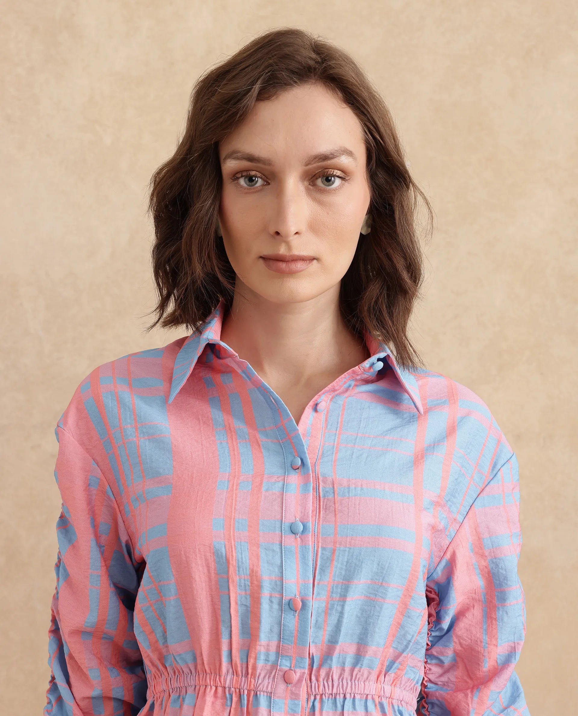Rareism Women Kulda Light Blue Cuffed Sleeve Collared Neck Regular Fit Flannel Print Top