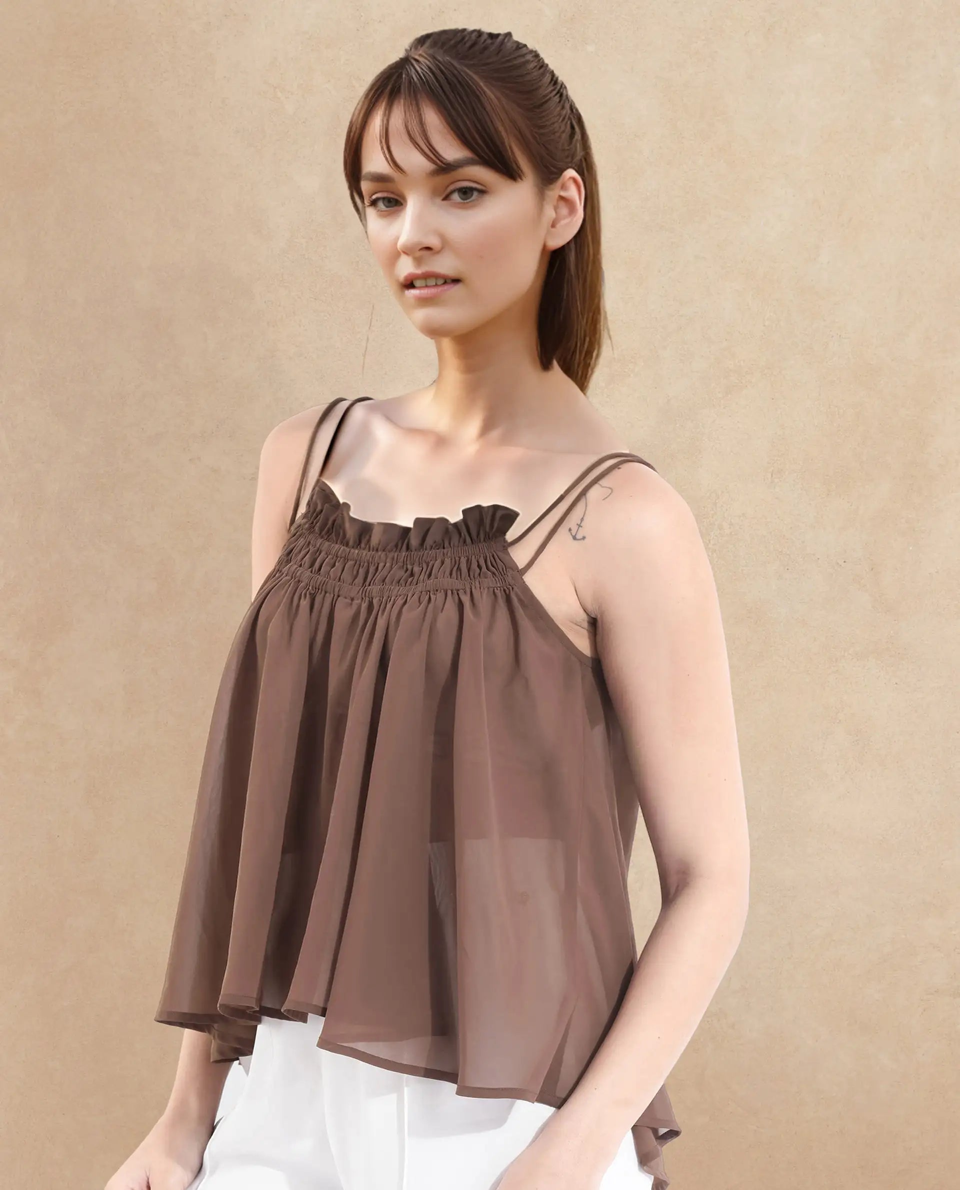 Rareism Women Kuso Rust Sleeveless Shoulder Straps Relaxed Fit Plain Top